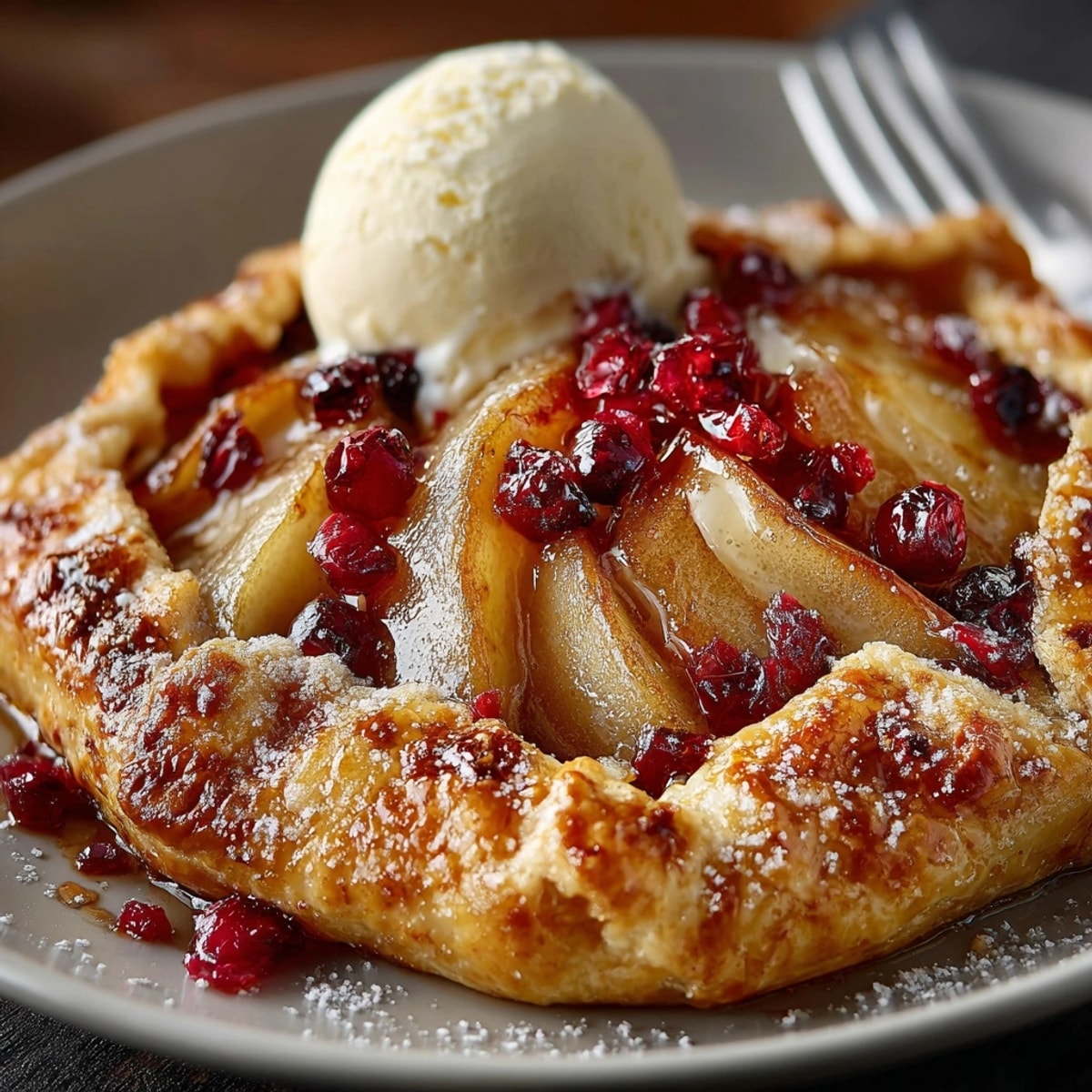 Spiced Pear and Cranberry Galette cooling on a tray, golden crust with bubbling fruit filling.