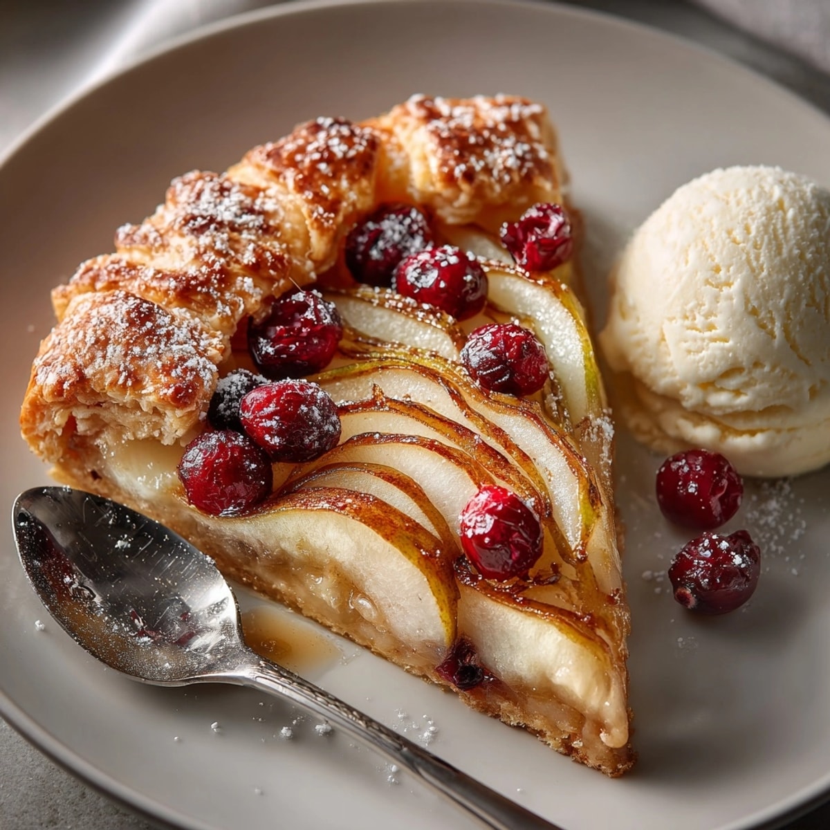 Freshly baked Spiced Pear and Cranberry Galette served warm with melting vanilla ice cream.