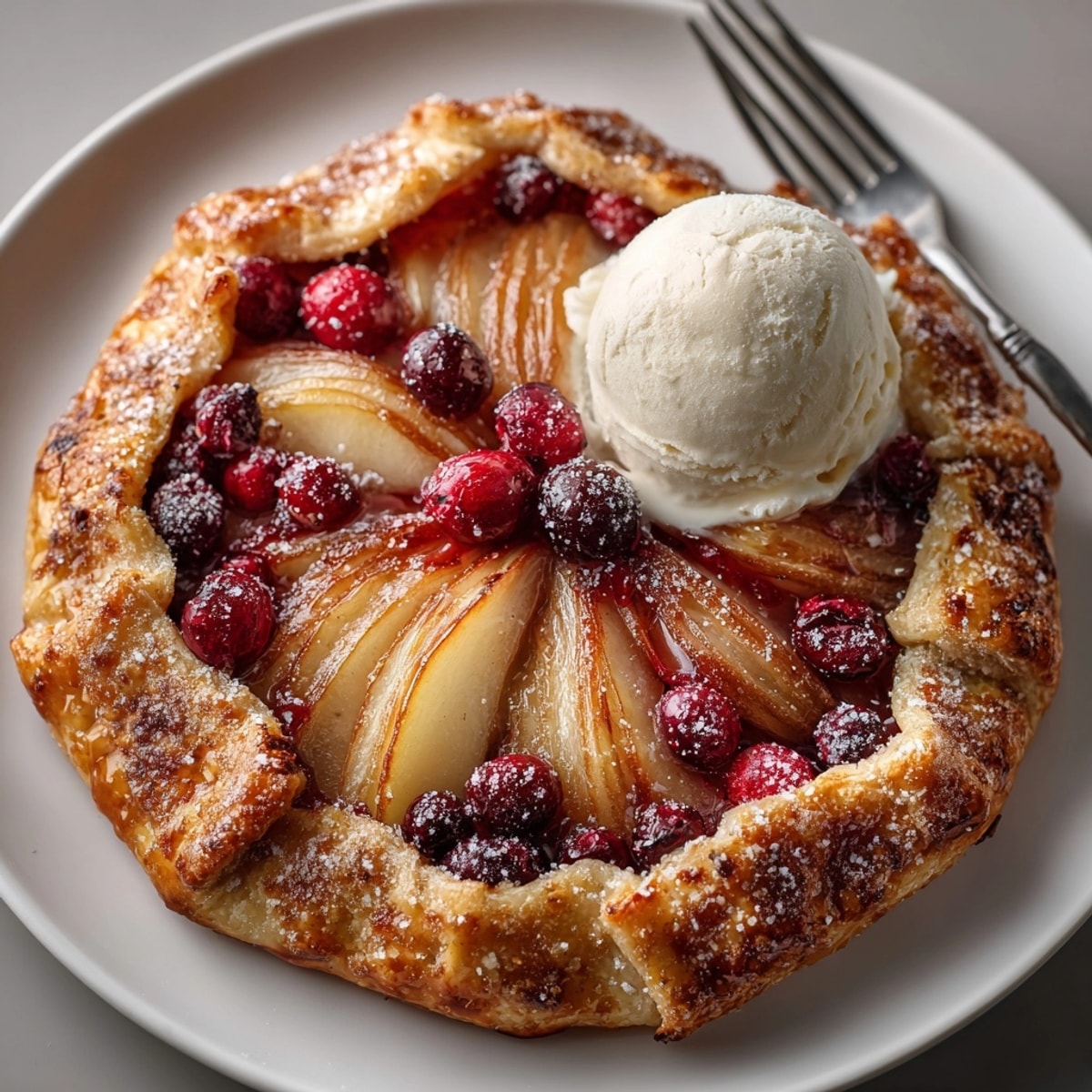 Spiced Pear and Cranberry Galette sliced on a rustic table, ready for a cozy holiday dessert.