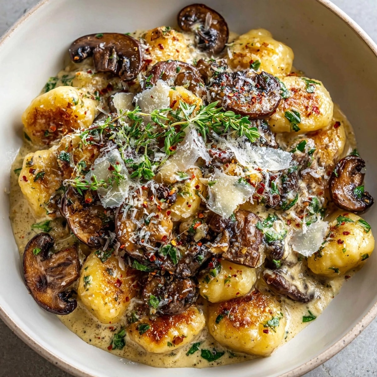 Creamy Mushroom and Herb Skillet Gnocchi in a rustic pan, topped with fresh herbs and Parmesan.