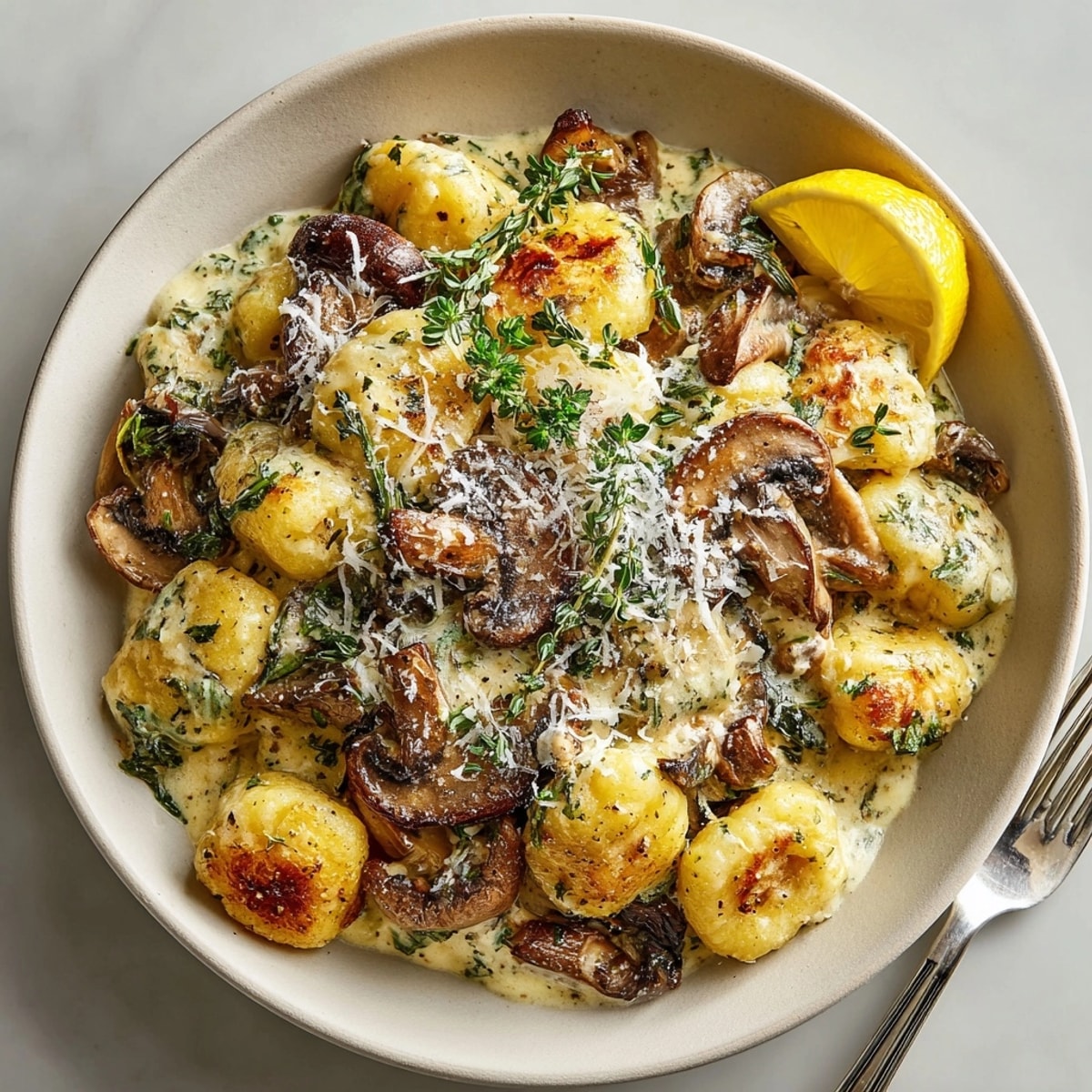 Warm, creamy mushroom and herb skillet gnocchi served in a bowl with golden sautéed mushrooms.