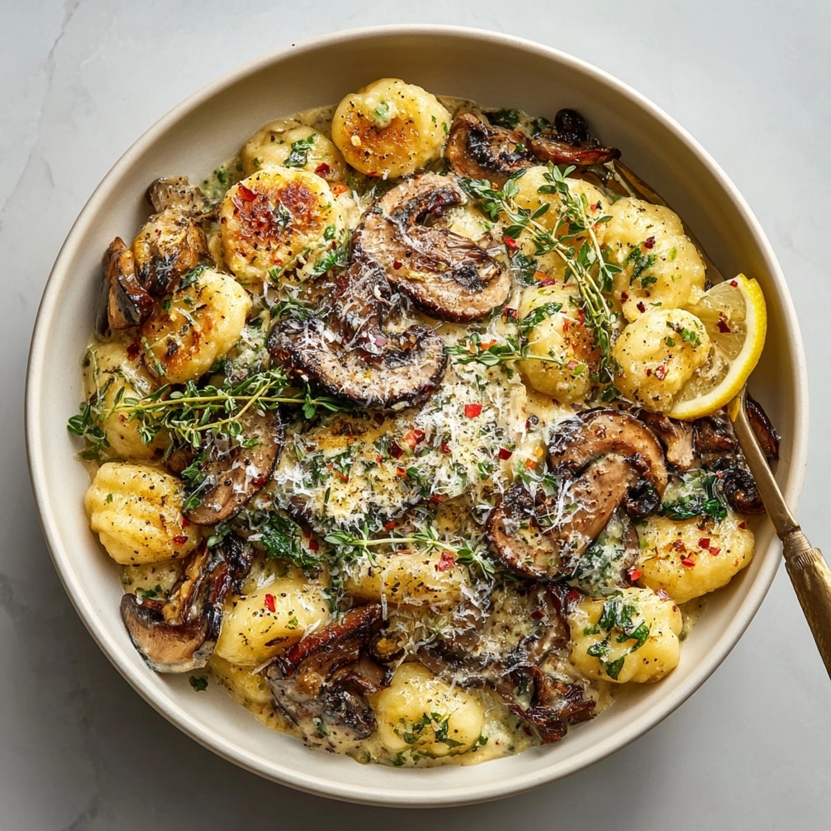 Cheesy creamy mushroom and herb skillet gnocchi garnished with parsley, thyme, and a twist of lemon.