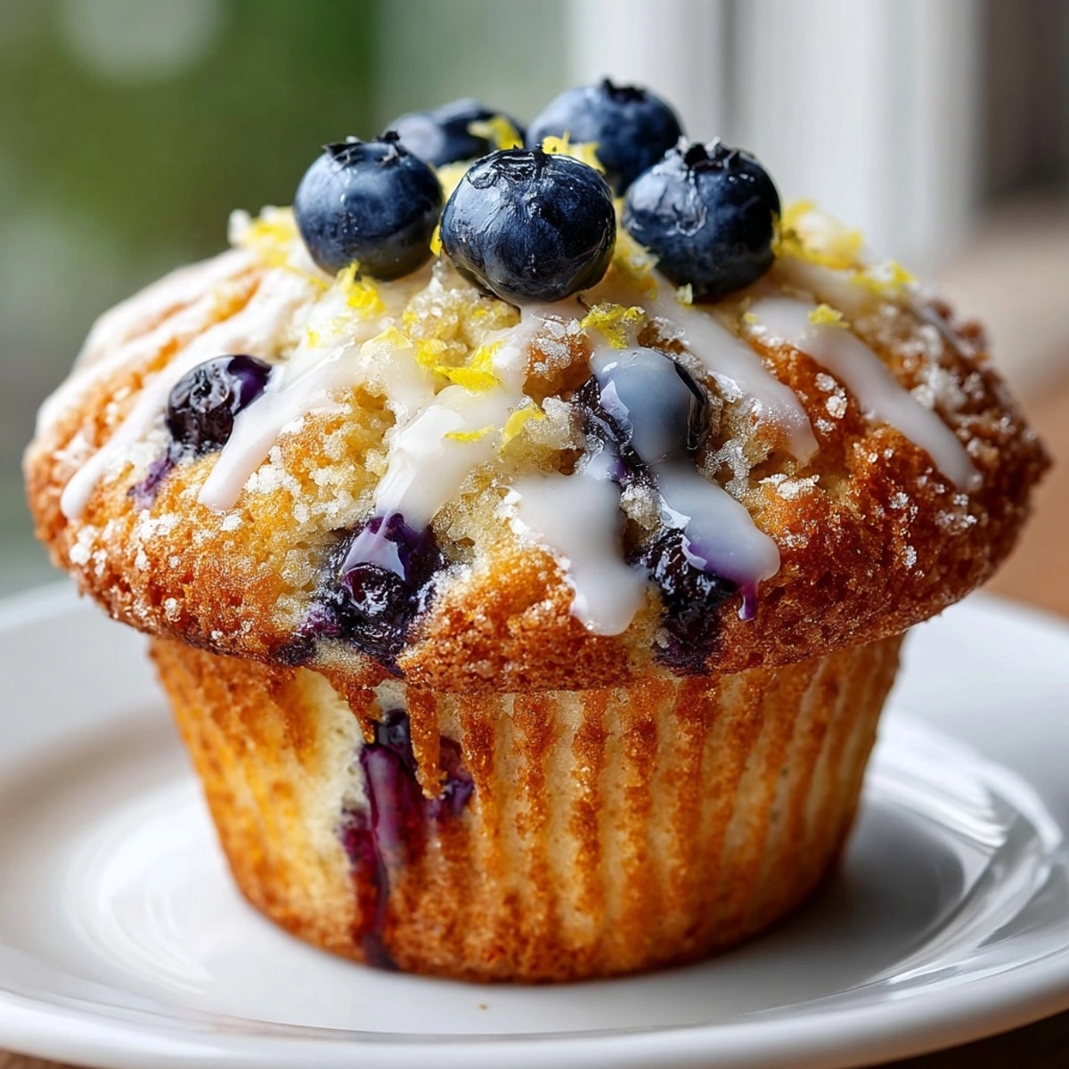 Freshly baked lemon blueberry yogurt muffins with golden tops and juicy blueberries showing.
