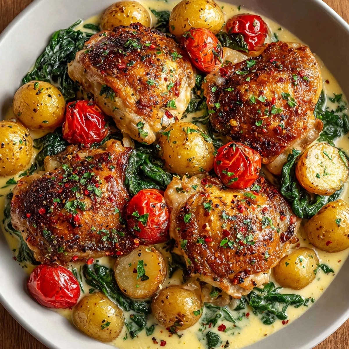 One-Pan Creamy Garlic Parmesan Chicken with golden potatoes, cherry tomatoes, and wilted spinach served hot in a skillet.