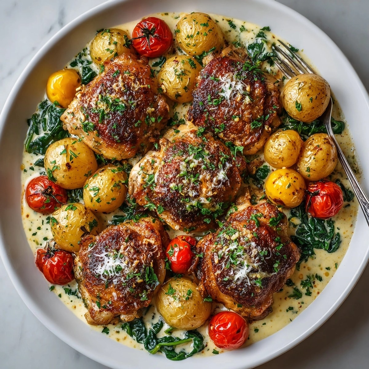One-Pan Creamy Garlic Parmesan Chicken topped with melted cheese, fresh parsley, and vibrant roasted vegetables.