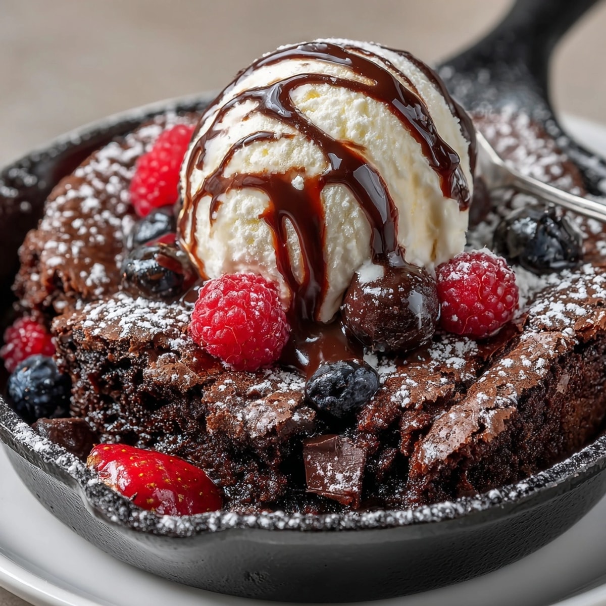 Double Chocolate Brownie Skillet fresh from the oven, topped with melting vanilla ice cream.