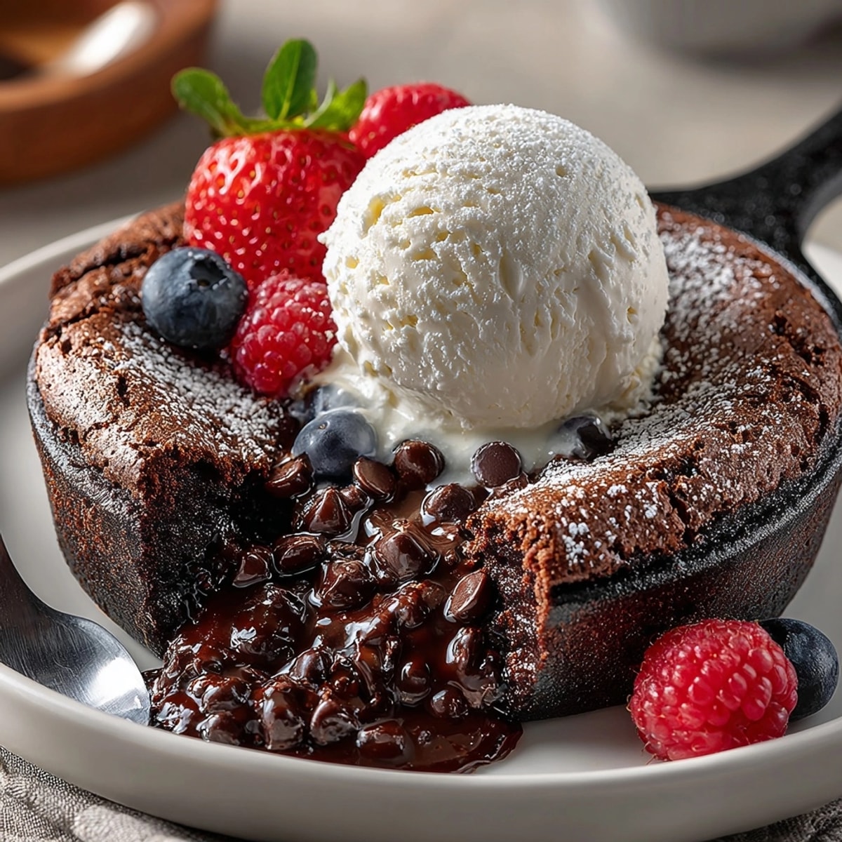 Warm Double Chocolate Brownie Skillet in cast-iron, fudgy center oozing beneath powdered sugar.