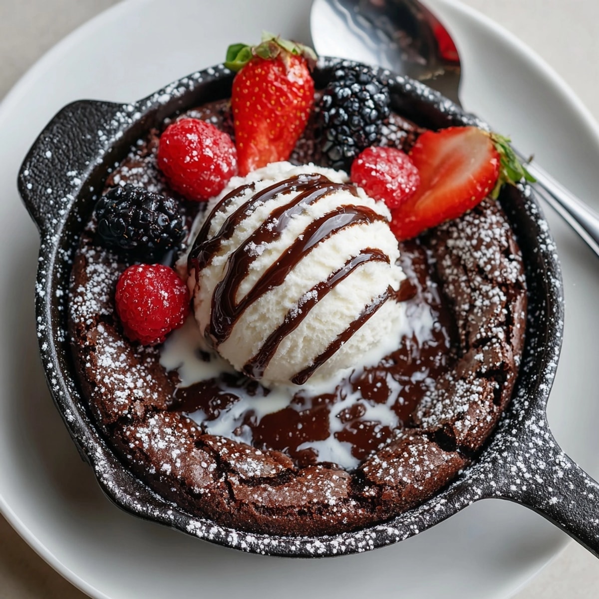 Decadent Double Chocolate Brownie Skillet dessert served family-style with scoops of ice cream and berries.