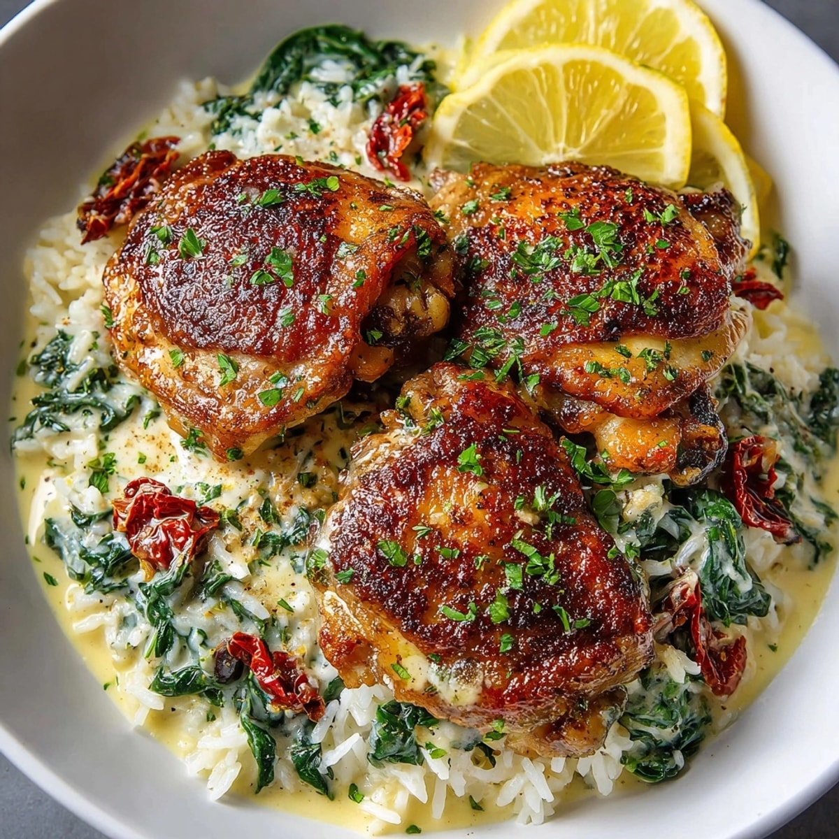 Creamy Tuscan Chicken and Rice Skillet with golden chicken thighs in herbed, cheesy rice.