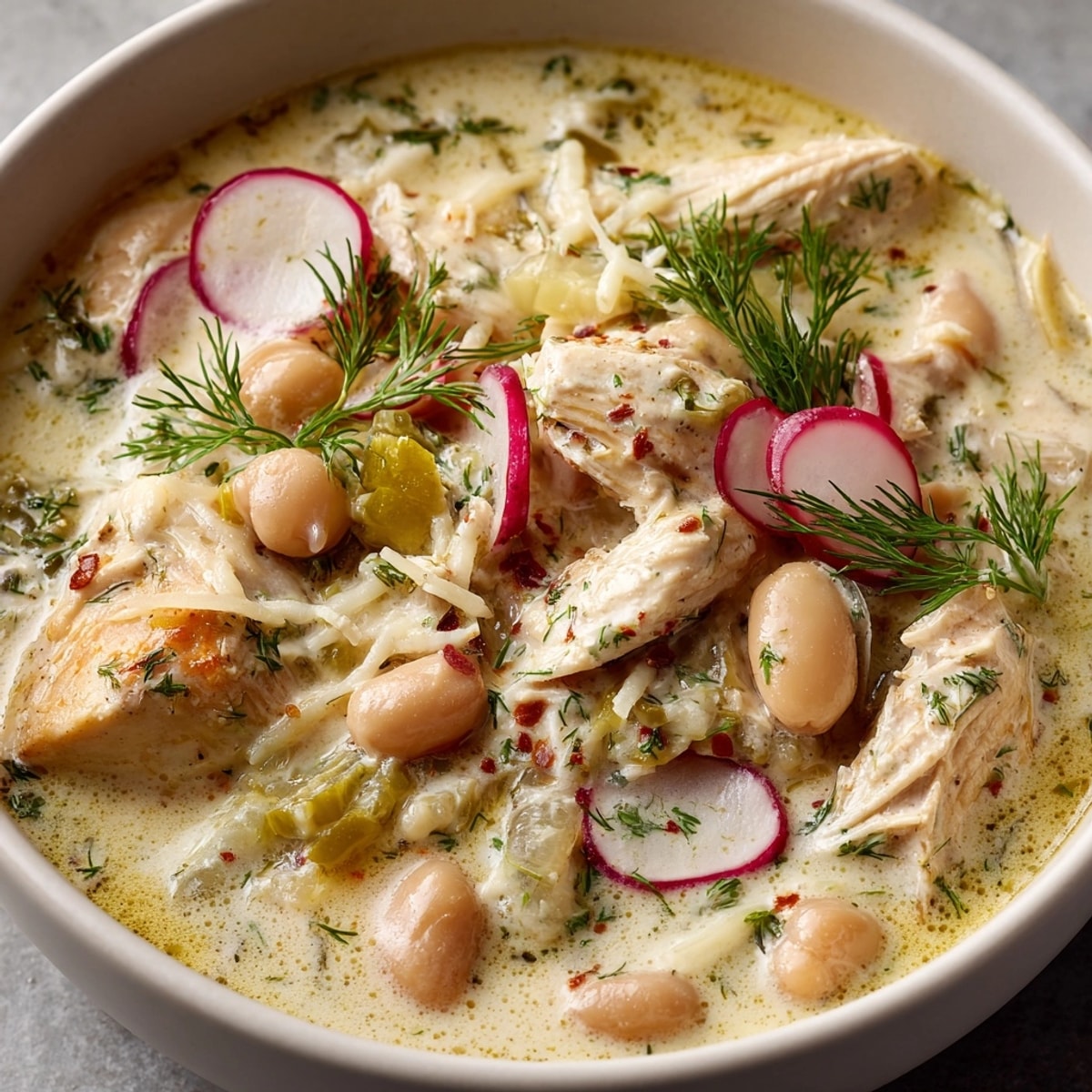 One-Pot Pickle-Fix White Chicken Chili, creamy, with garnishes like chopped dill and radishes.