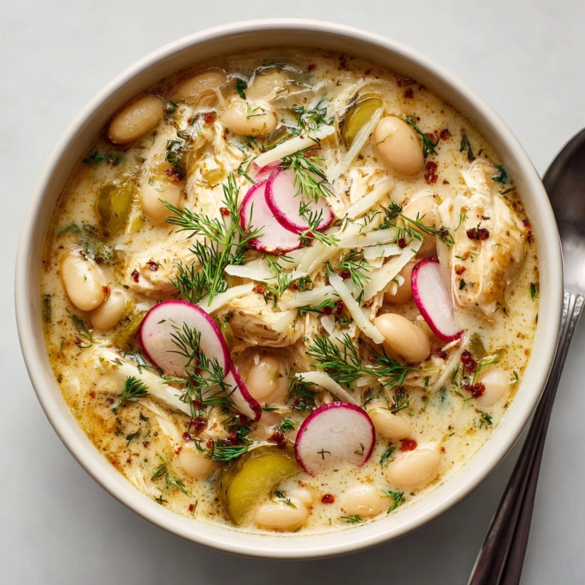 A hearty bowl of One-Pot Pickle-Fix White Chicken Chili, ready to enjoy with tortilla chips for dipping.