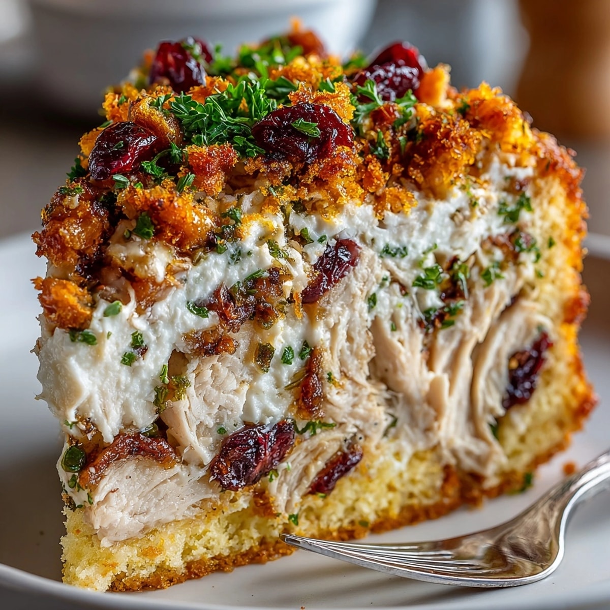 Close-up view of juicy Chaos Cake Thanksgiving Turkey Disaster, layered with sweet potato crumbles.