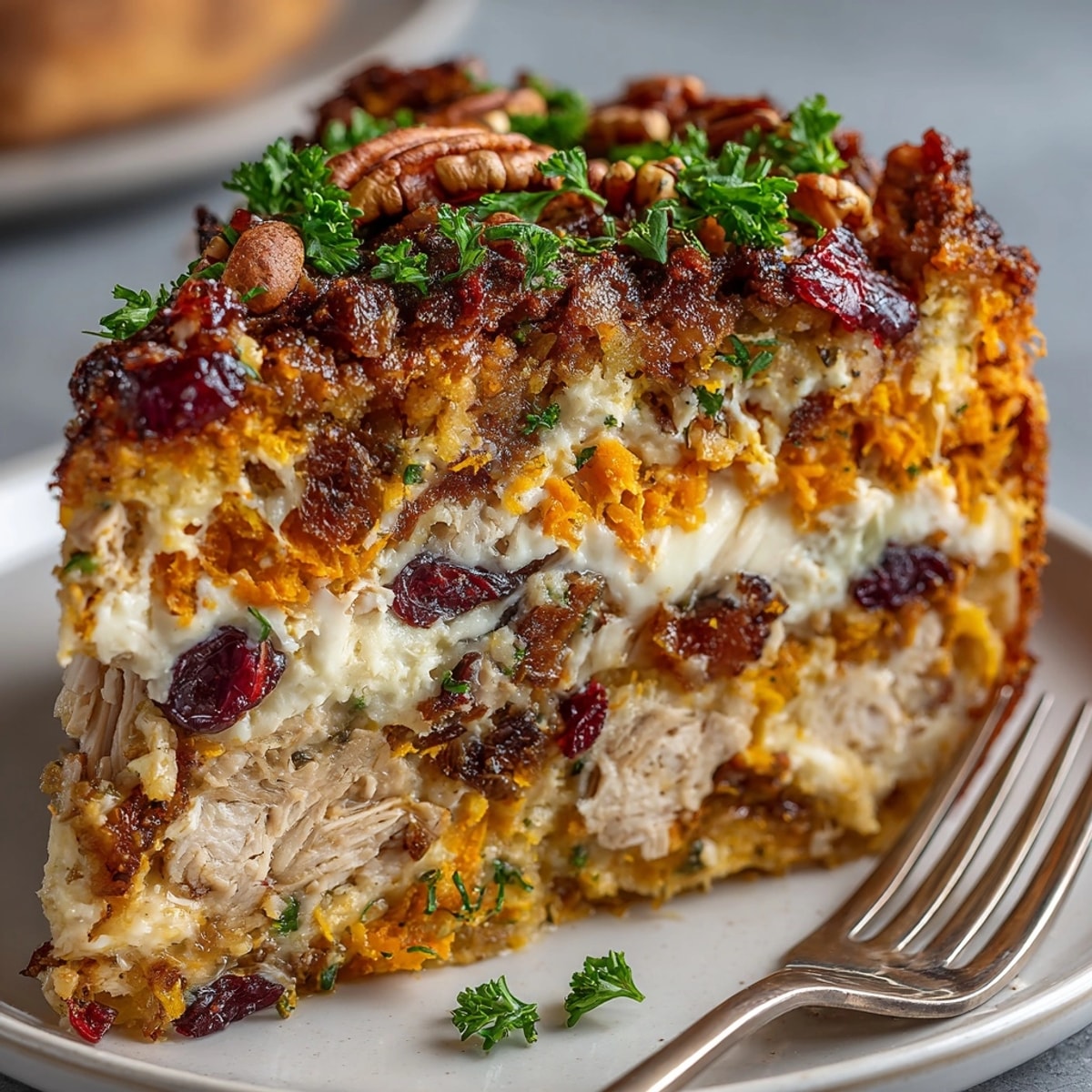 Golden sweet potato crumbles topping the novel Thanksgiving Chaos Cake, ready to enjoy for eight.
