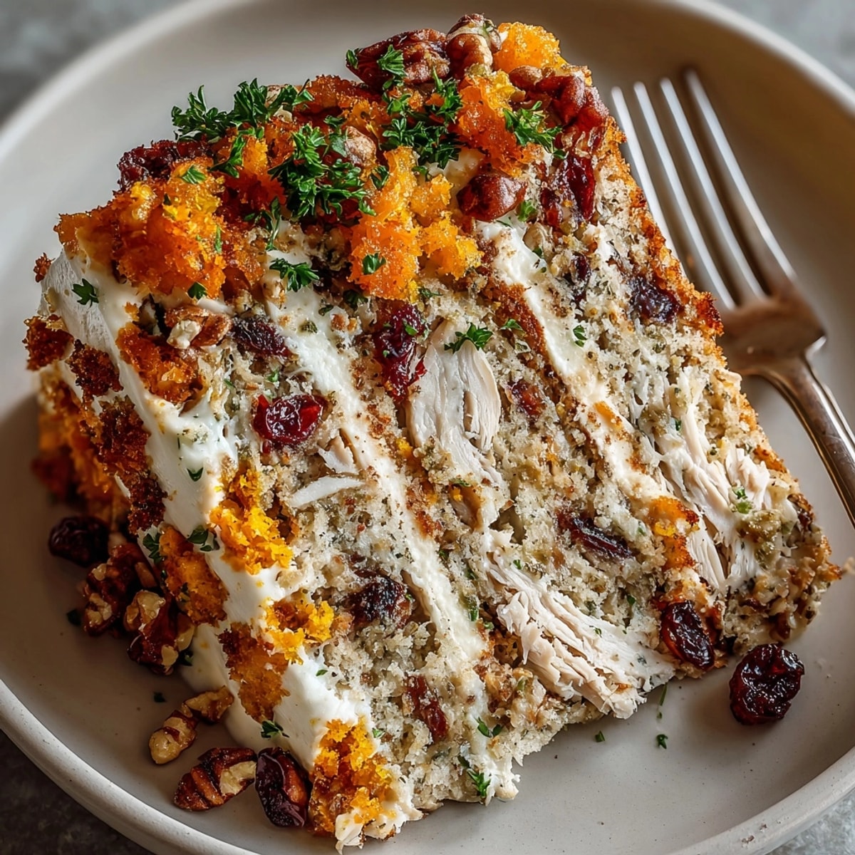 Imagine the savory delight: delicious Chaos Cake Thanksgiving Turkey Disaster with layers of sweet potatoes.