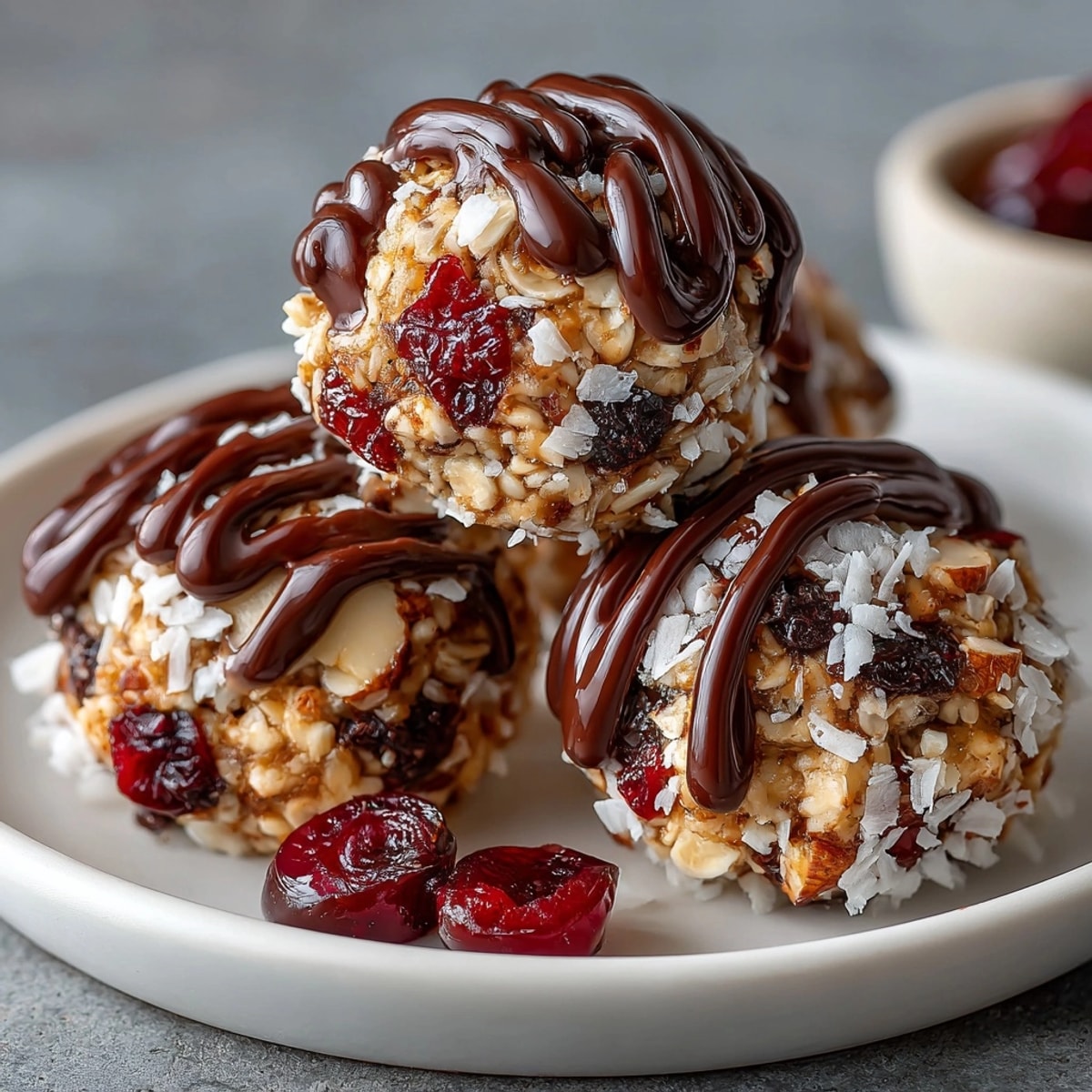 Cherry-Coded Holiday Energy Bites with dark chocolate drizzle offering a rich, chewy texture with festive presentation.