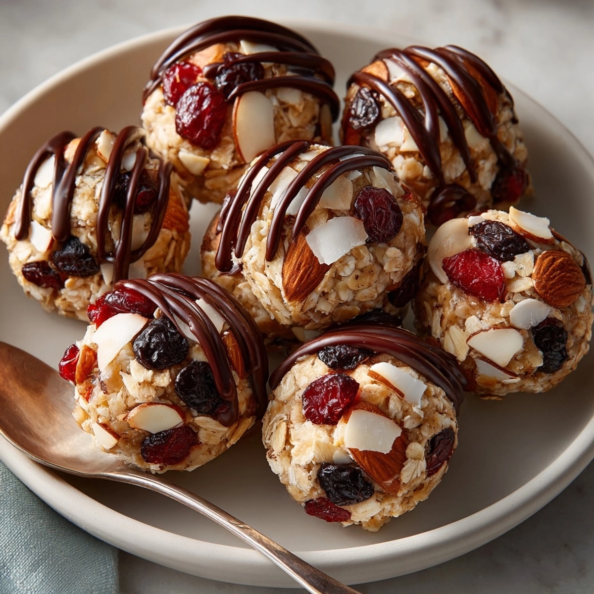Close-up of delicious Cherry-Coded Holiday Energy Bites, coated in rich dark chocolate, ready to enjoy as a treat.