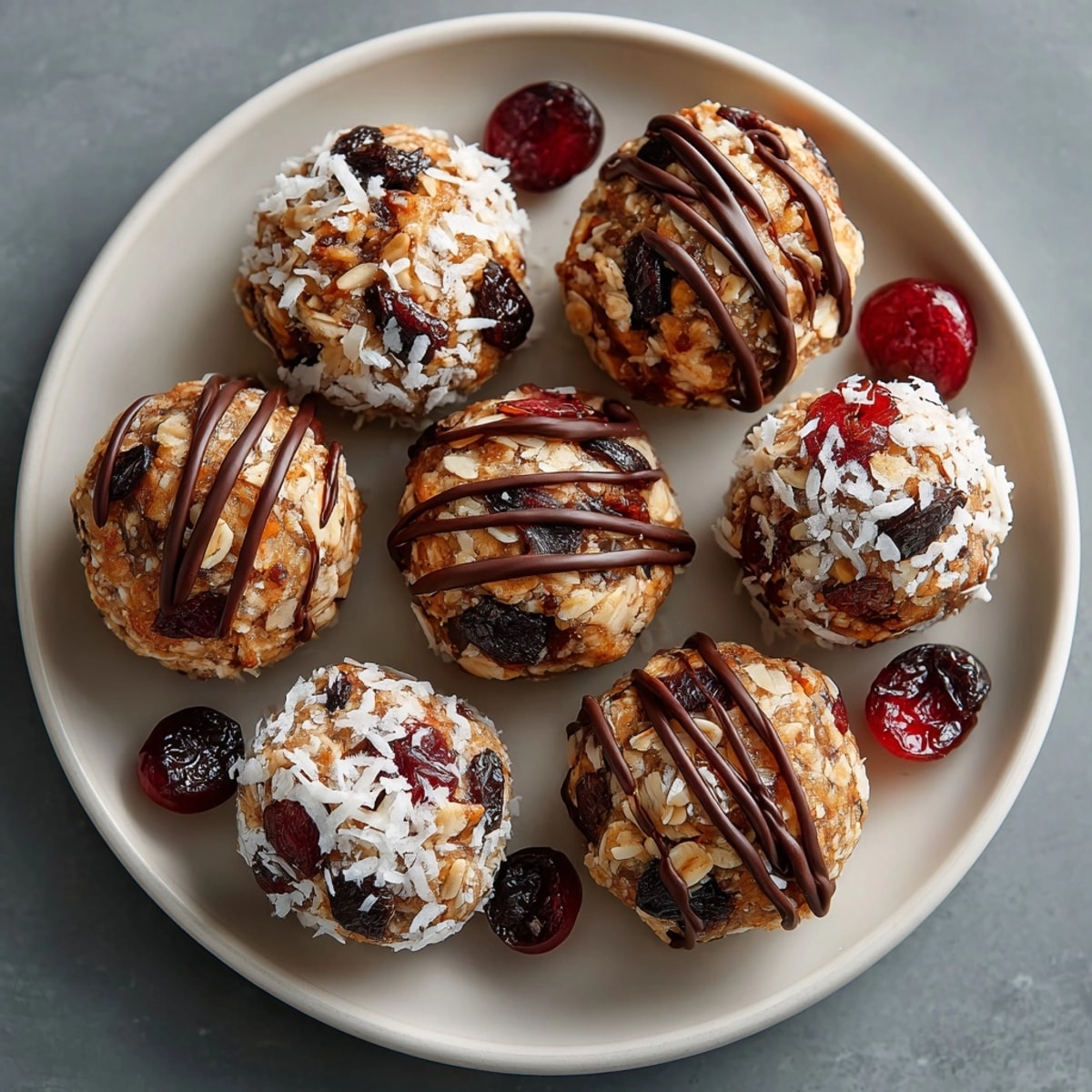 Vibrant photo of homemade Cherry-Coded Holiday Energy Bites, displaying all ingredients beautifully arranged for snacking.