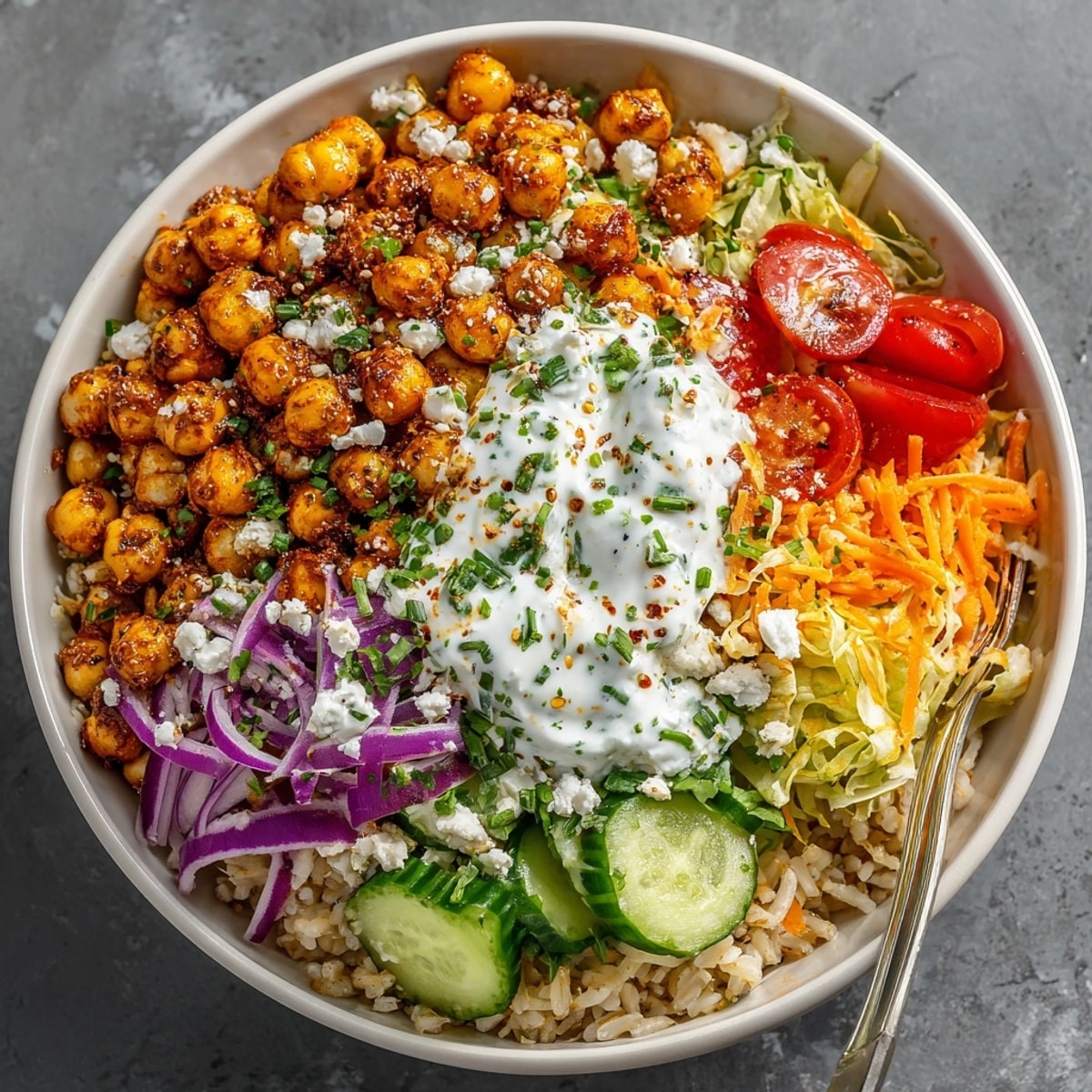 A close-up of the colorful 15-Minute Buffalo Chickpea Power Bowl, loaded with fresh, crisp vegetables and yogurt.