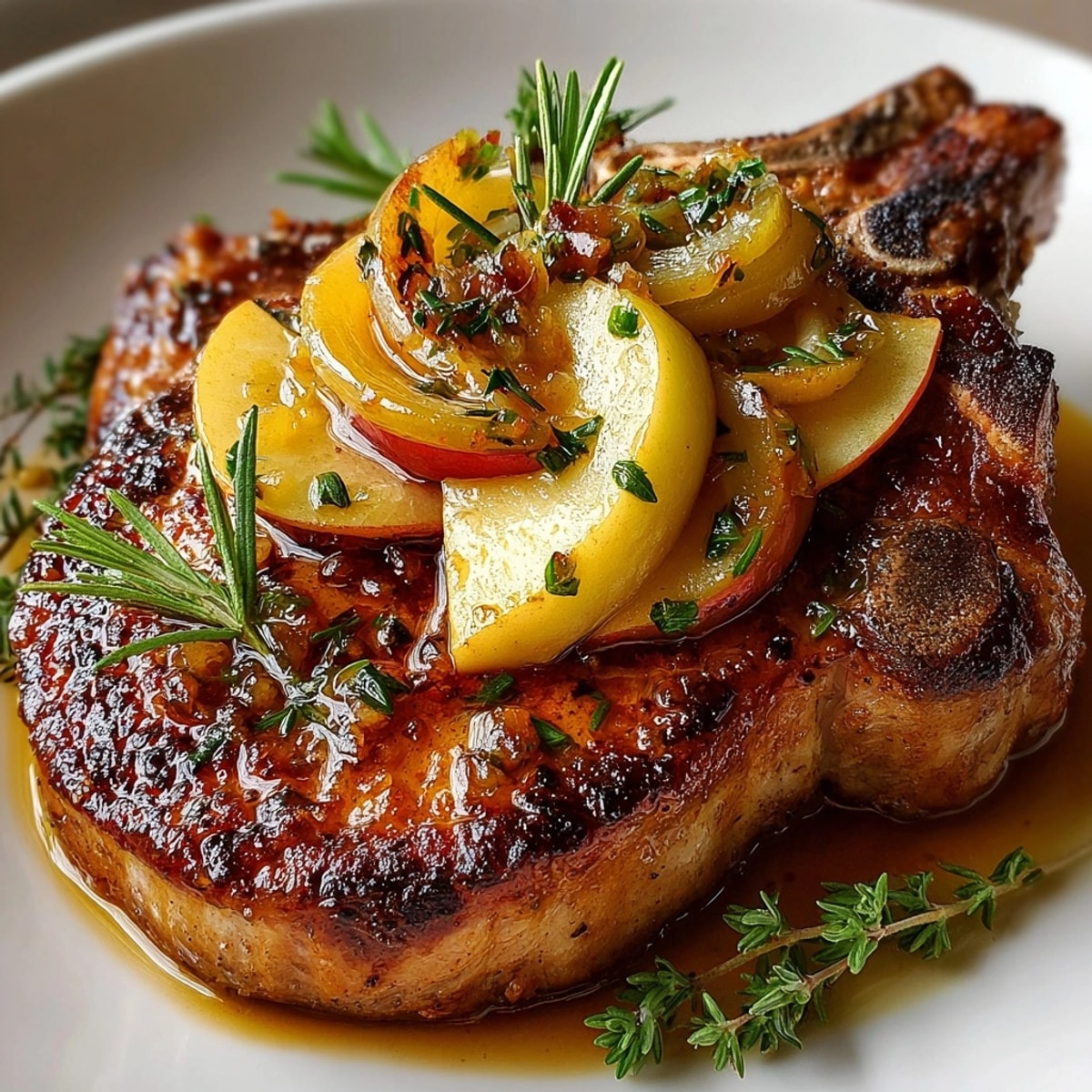 Golden-brown Rebel Float apple cider braised pork chops with tender apples and savory onions, ready to eat.