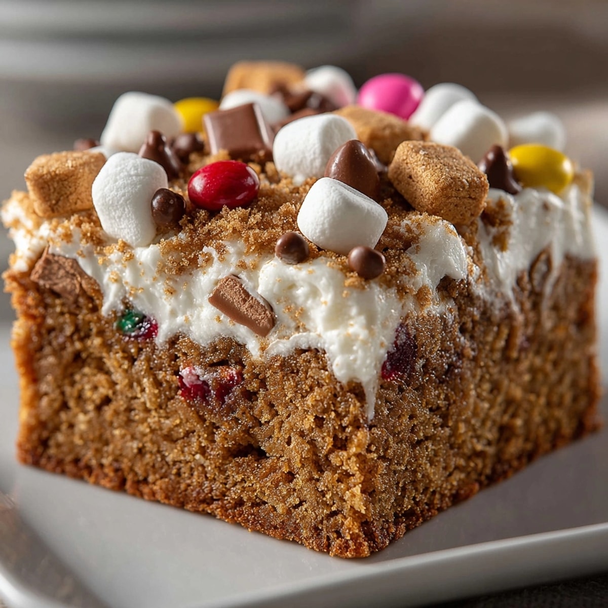 Golden-brown Silly Cake Gingerbread House Collapse Bars, gooey with marshmallows and candies, are ready.