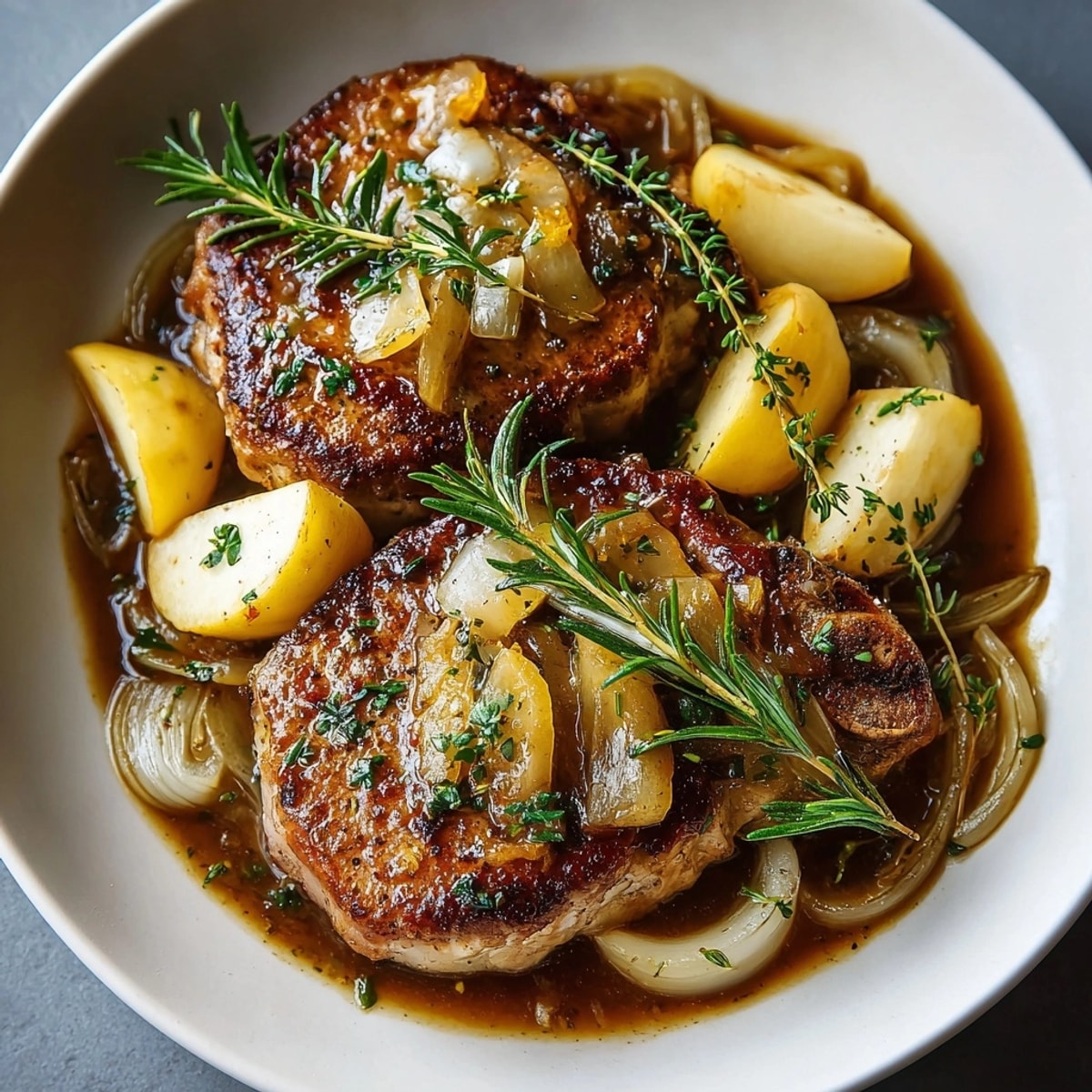 Comfort food: Tender pulled pork chops simmered in apple cider, apples, and onion with the Rebel Float glaze.