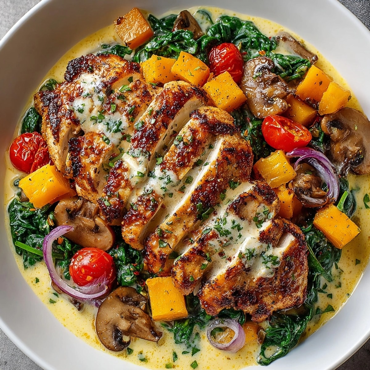 Golden-brown One-Pot Creamy Tuscan Chicken with vibrant vegetables, ready to serve on a plate.