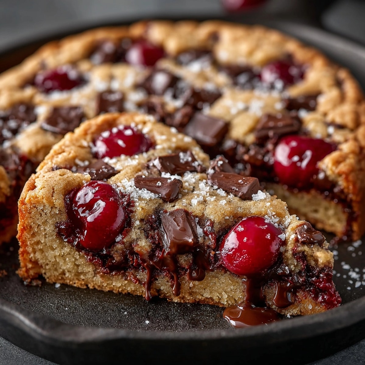 Warm, gooey Cherry-Coded Chocolate Chip Cookie Skillet fresh from the oven, ready to eat with sea salt.