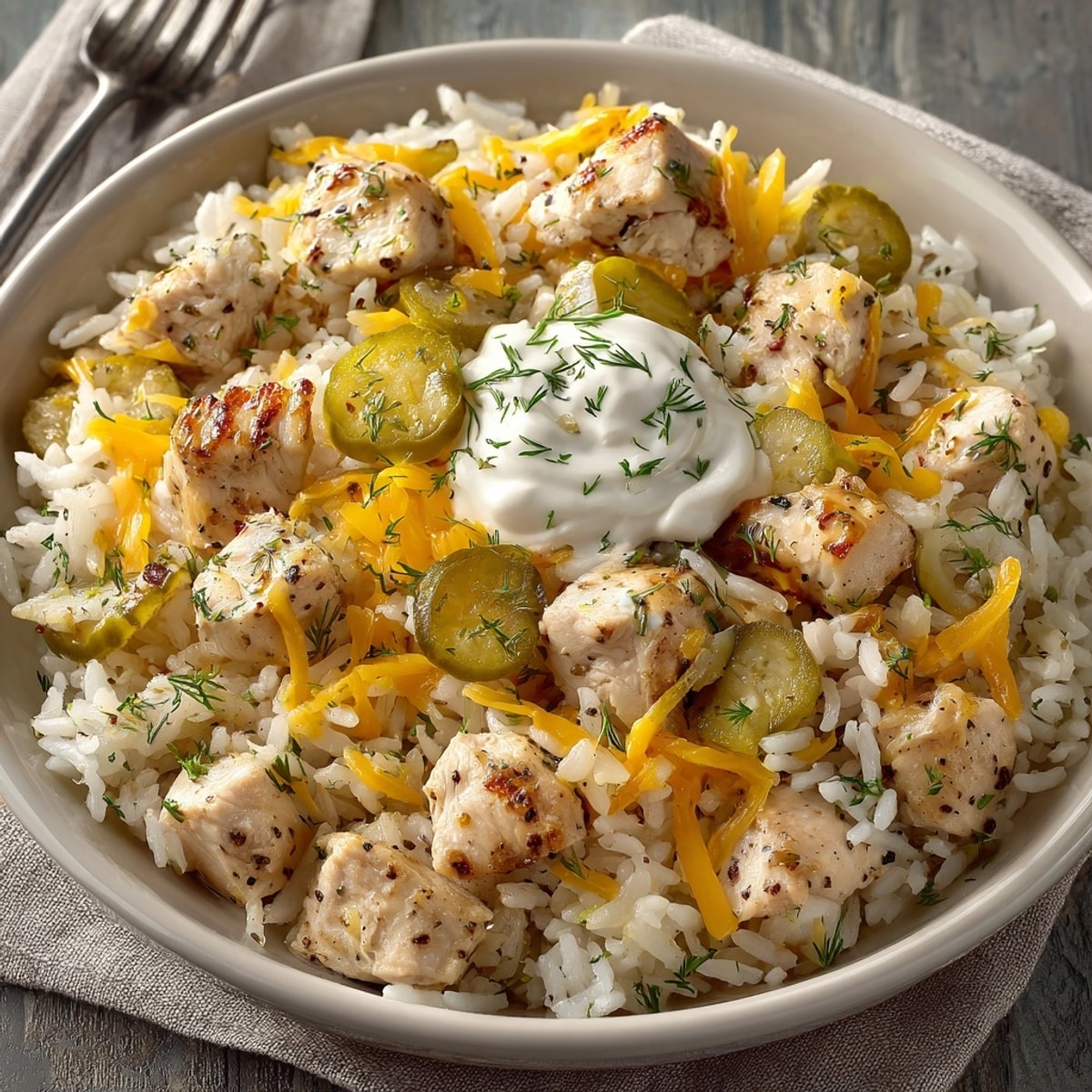 Golden-brown Cozy Pickle Ranch Chicken and Rice Skillet, a comforting meal with bright pickle slices.