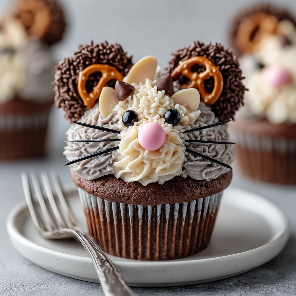 Playful Chaos Cake rat-shaped cupcakes: chocolatey, frosted, and decorated for a fun birthday treat!