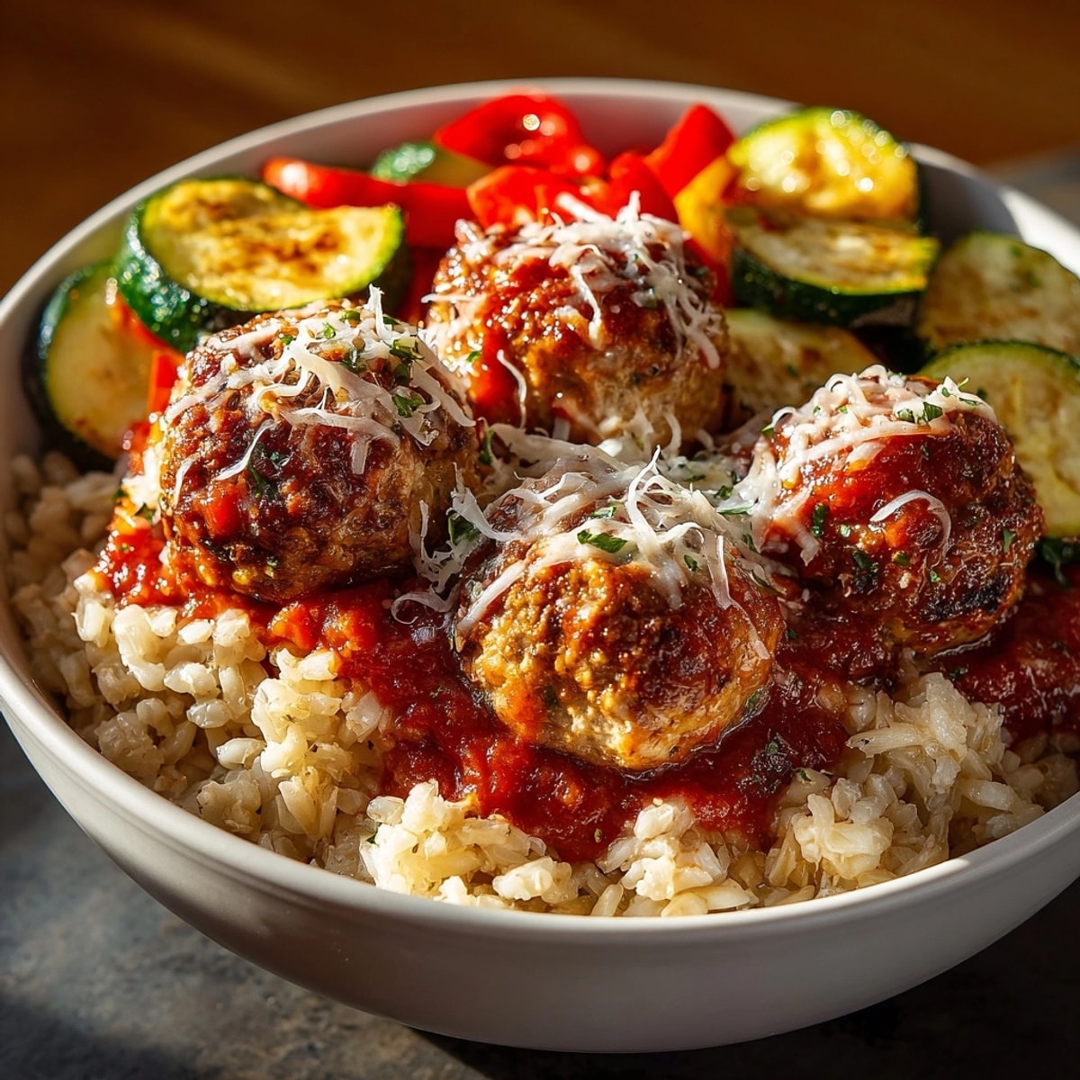 Image of a delicious 30-Minute Turkey Meatball Sub meal prep bowl with melted cheese and vibrant veggies.