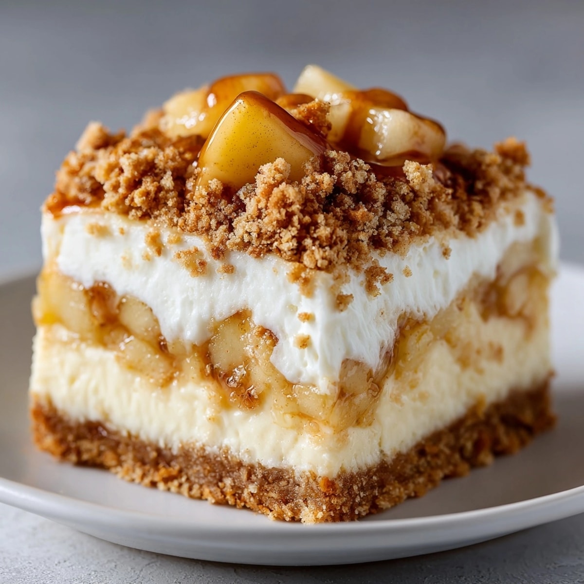 Warm and golden, Sweet Comfort Apple Crisp Cheesecake Squares offer a comforting dessert experience served beautifully.