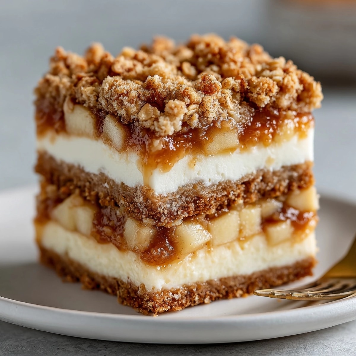 Rich, creamy Sweet Comfort Apple Crisp Cheesecake Squares, layered with spiced apples beneath a crispy oat topping.