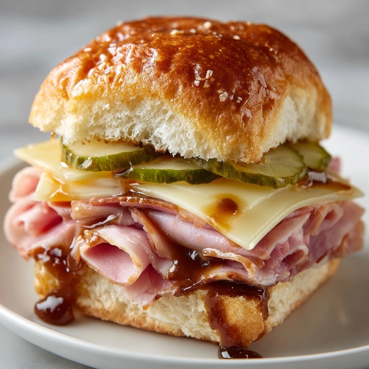 Golden, glistening Rebel Float Root Beer Glazed Ham Sliders, perfect for game day or a cookout.