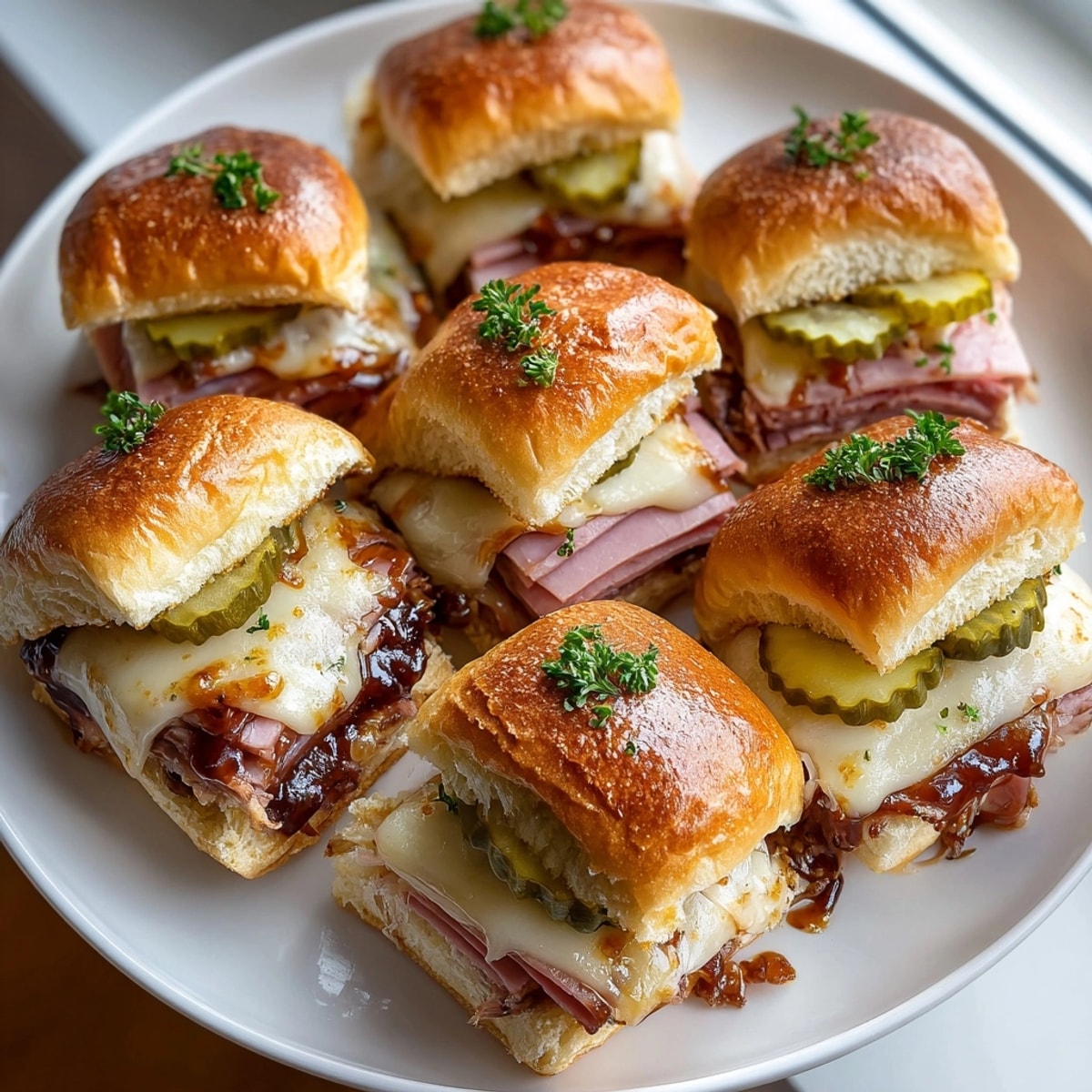 Tender ham slices coated in a sweet root beer glaze, featured in these delicious ham sliders.