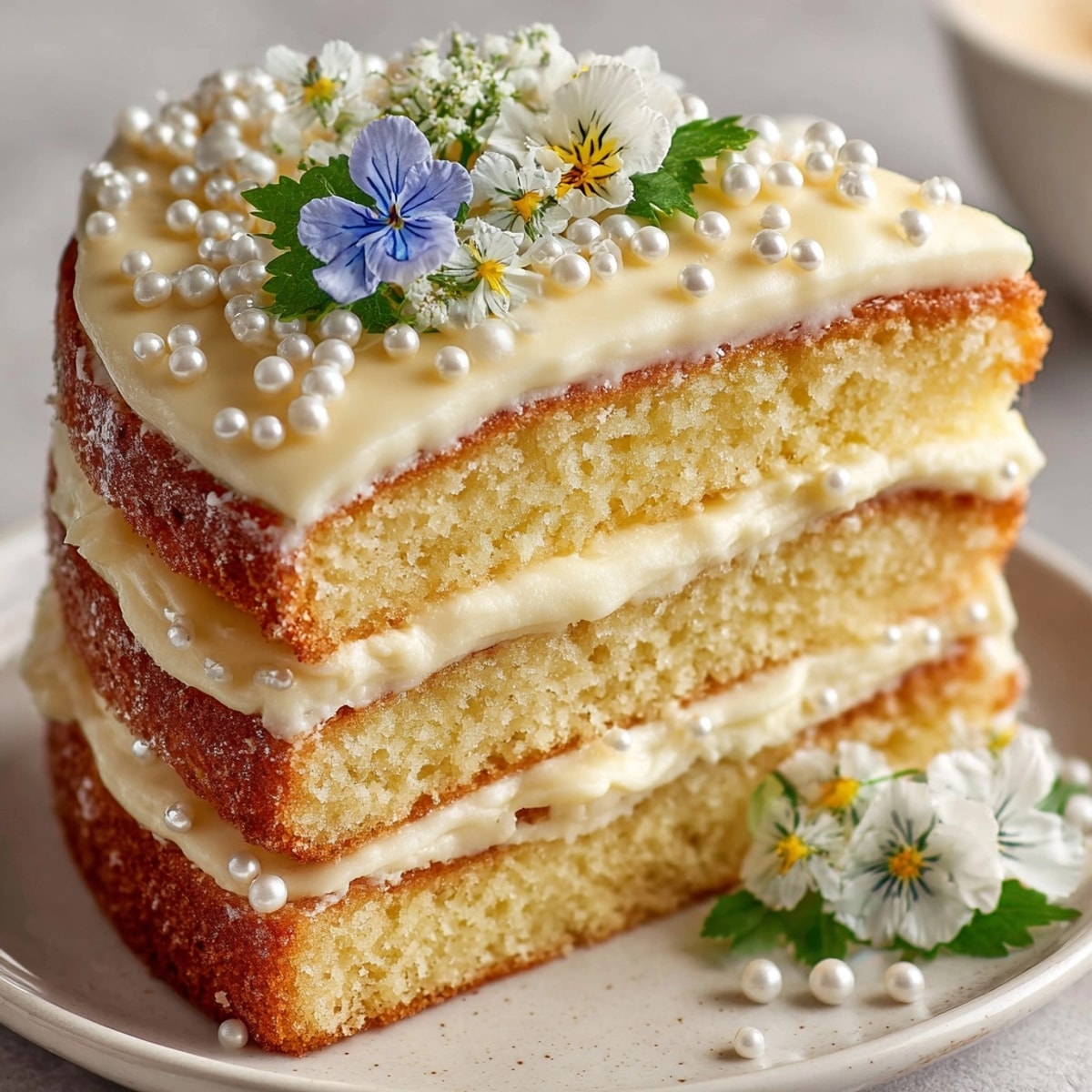 Fluffy Rococo Revival Vanilla Layer Cake topped with shimmering edible pearls, ready to enjoy.