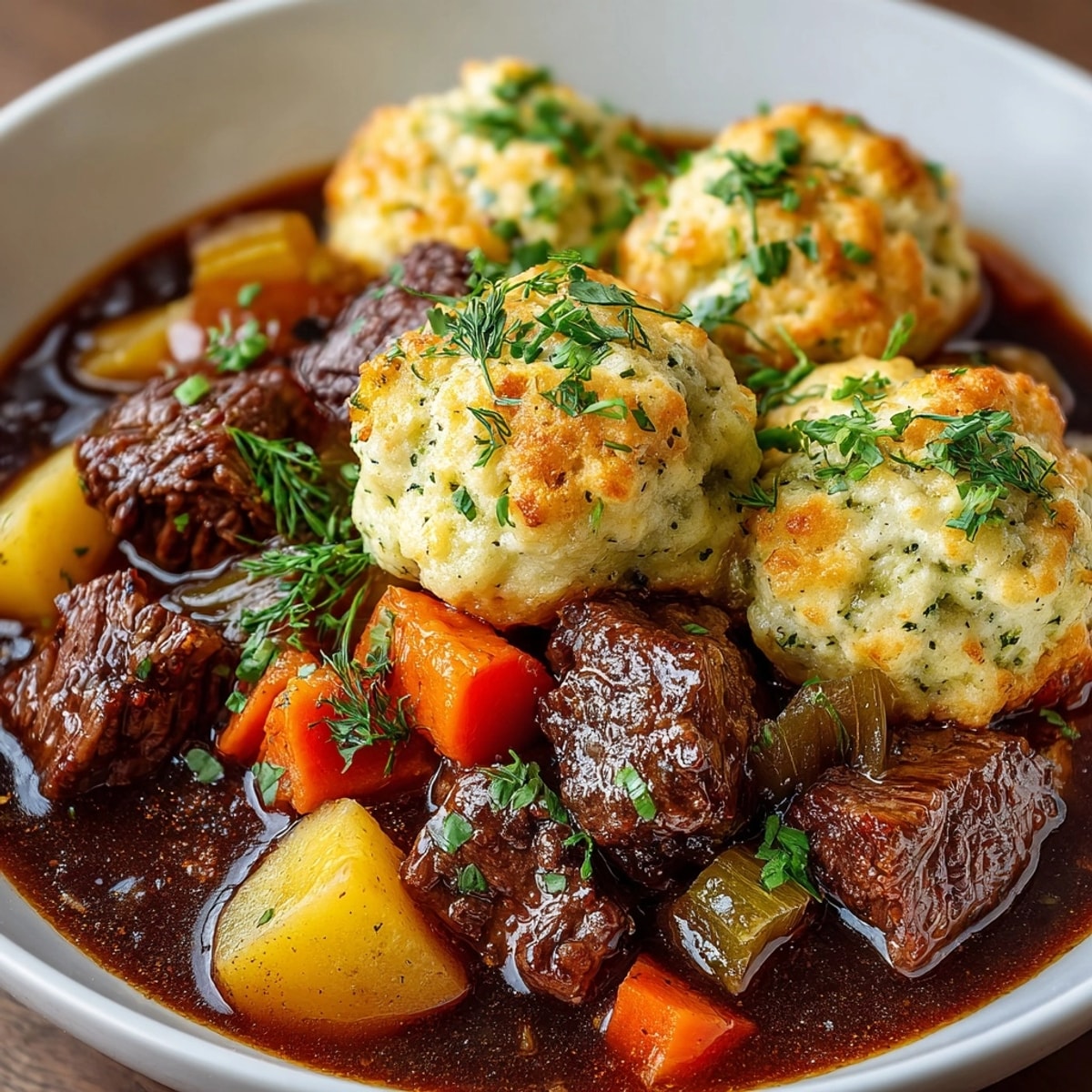 Steaming bowl of Cozy Crockpot Beef Stew topped with fluffy pickle herb dumplings, ready to serve.