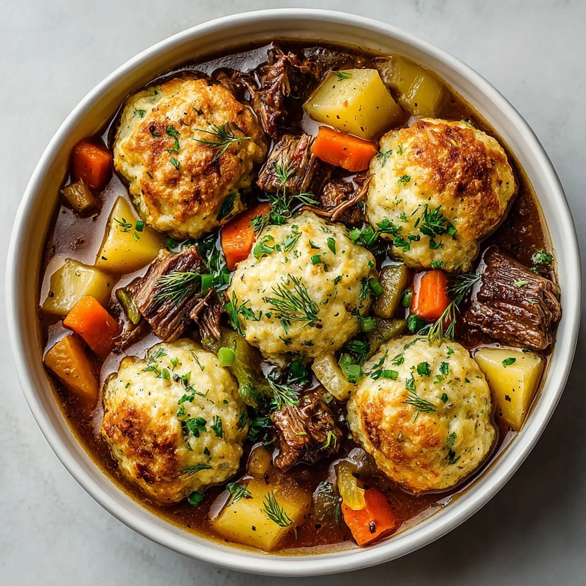 A close-up of tender beef stew with soft dumplings, garnished, and presented for a Cozy Crockpot meal.
