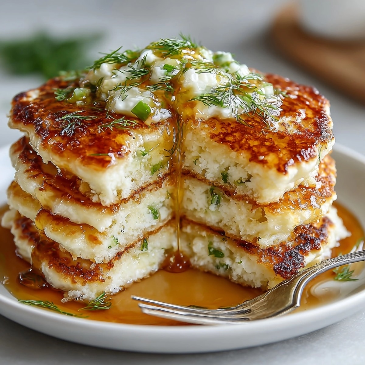 Fluffy fresh cottage cheese pancakes drizzled with maple pickle butter, offering a sweet and savory brunch.