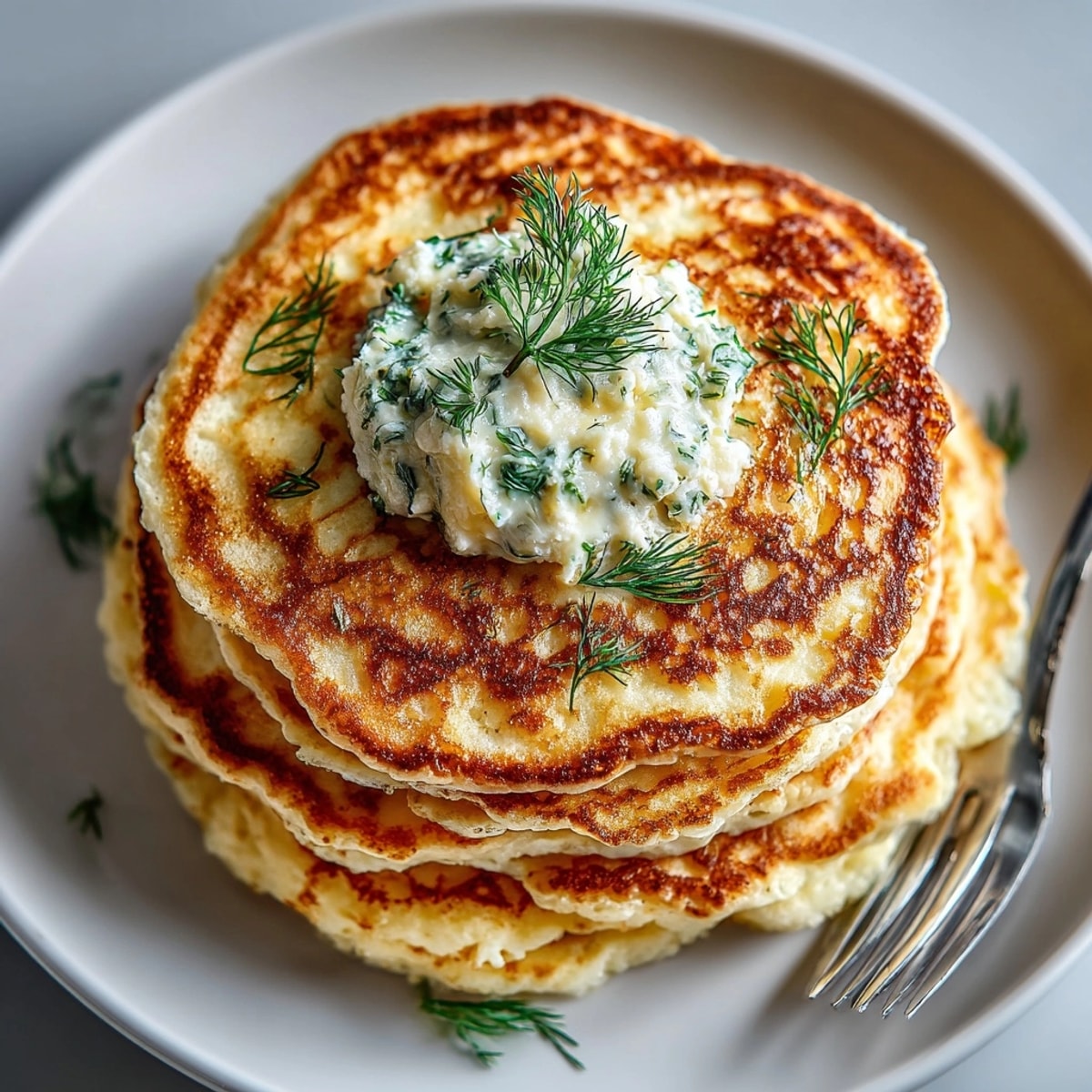 A stack of warm cottage cheese pancakes with maple-infused pickle butter offers a delicious breakfast experience.