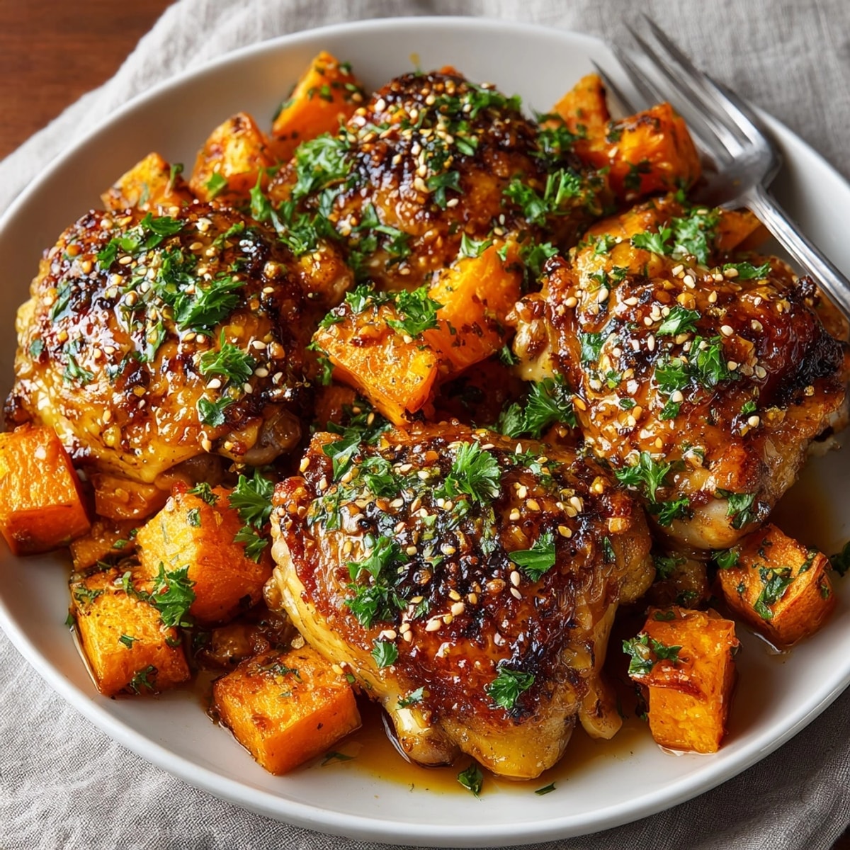 Golden-brown One-Pot Honey Garlic Chicken with sweetly roasted sweet potatoes, ready for dinner.