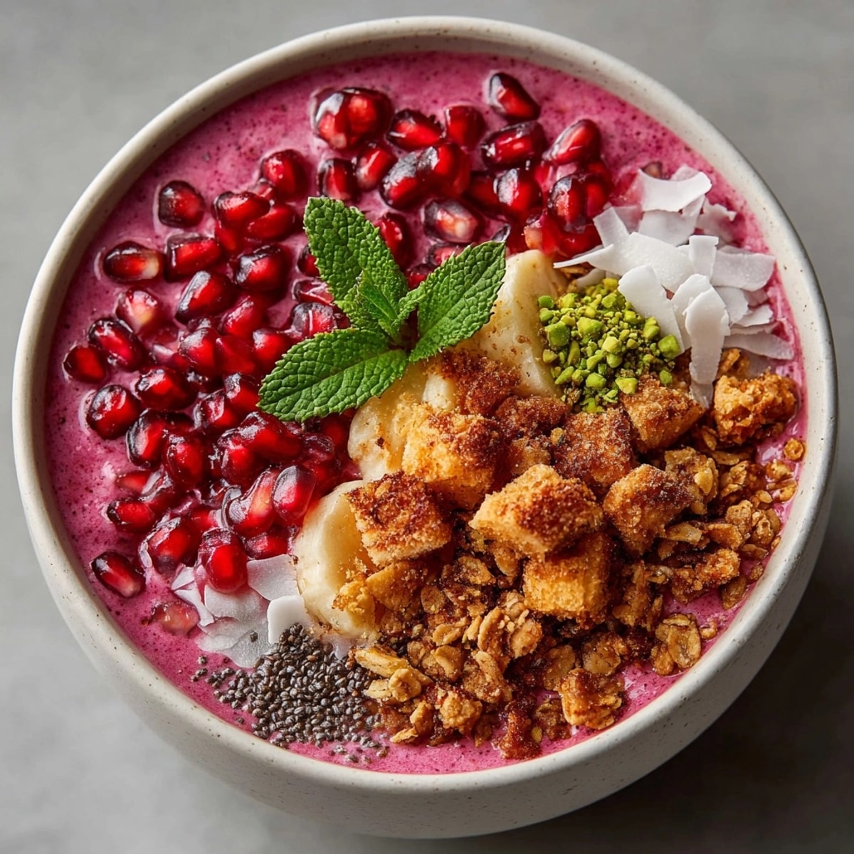 Bright, cherry-red Cherry-Coded Holiday Smoothie Bowl overflowing with juicy pomegranate and crunchy granola.