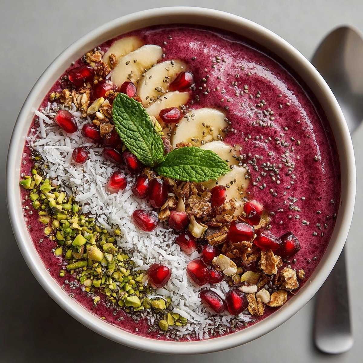 A close-up view of a delicious Cherry-Coded Holiday Smoothie Bowl, beautifully topped with vibrant pomegranate seeds.