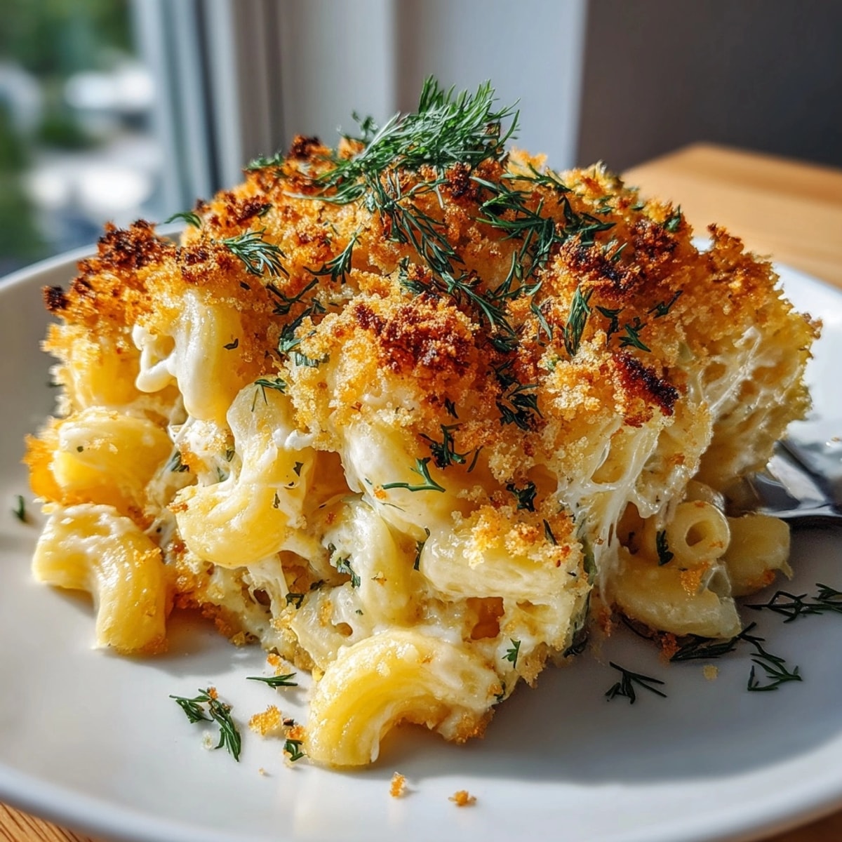 Simple Pickle-Fix Mac and Cheese Casserole, bubbling hot with golden breadcrumbs and visible pickle pieces.