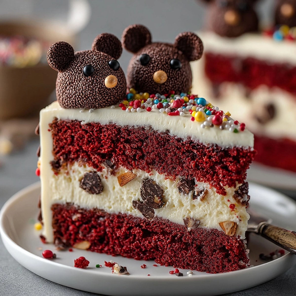 A decadent Chaos Cake Red Velvet, covered in creamy frosting and quirky chocolate rat decorations.