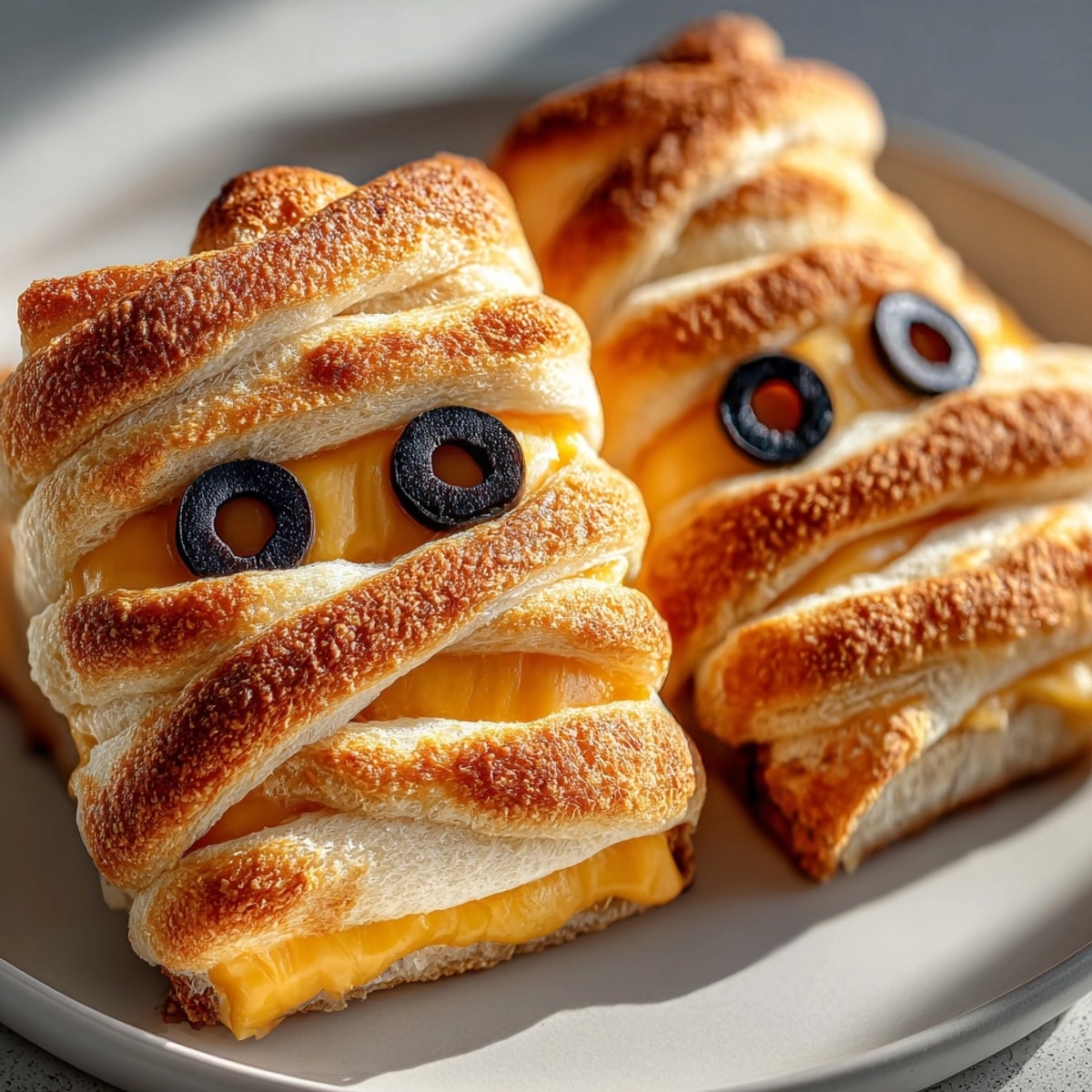 Halloween Grilled Cheese Mummy Wraps: Golden crescent dough wraps melty cheese with olive eyes, a fun Halloween snack.