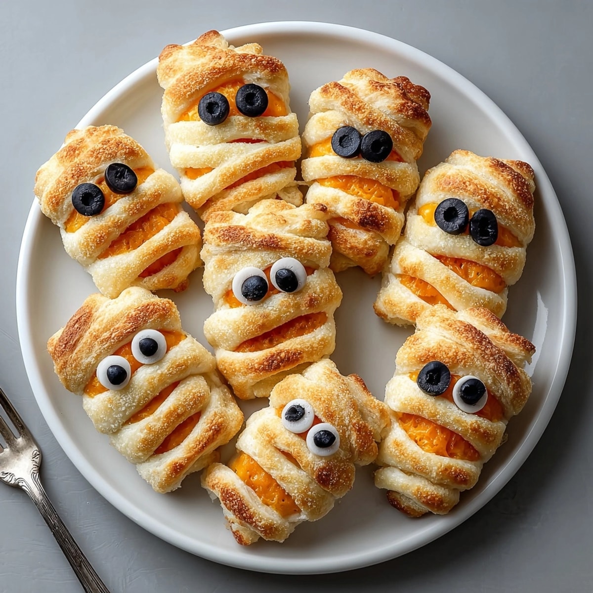 Perfectly baked Halloween Grilled Cheese Mummy Wraps on a baking sheet, ready for a savory Halloween treat.