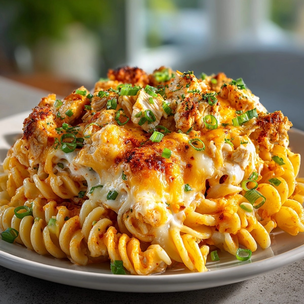 Golden, bubbly Buffalo Chicken Pasta Bake, a creamy, cheesy, American comfort food dish.