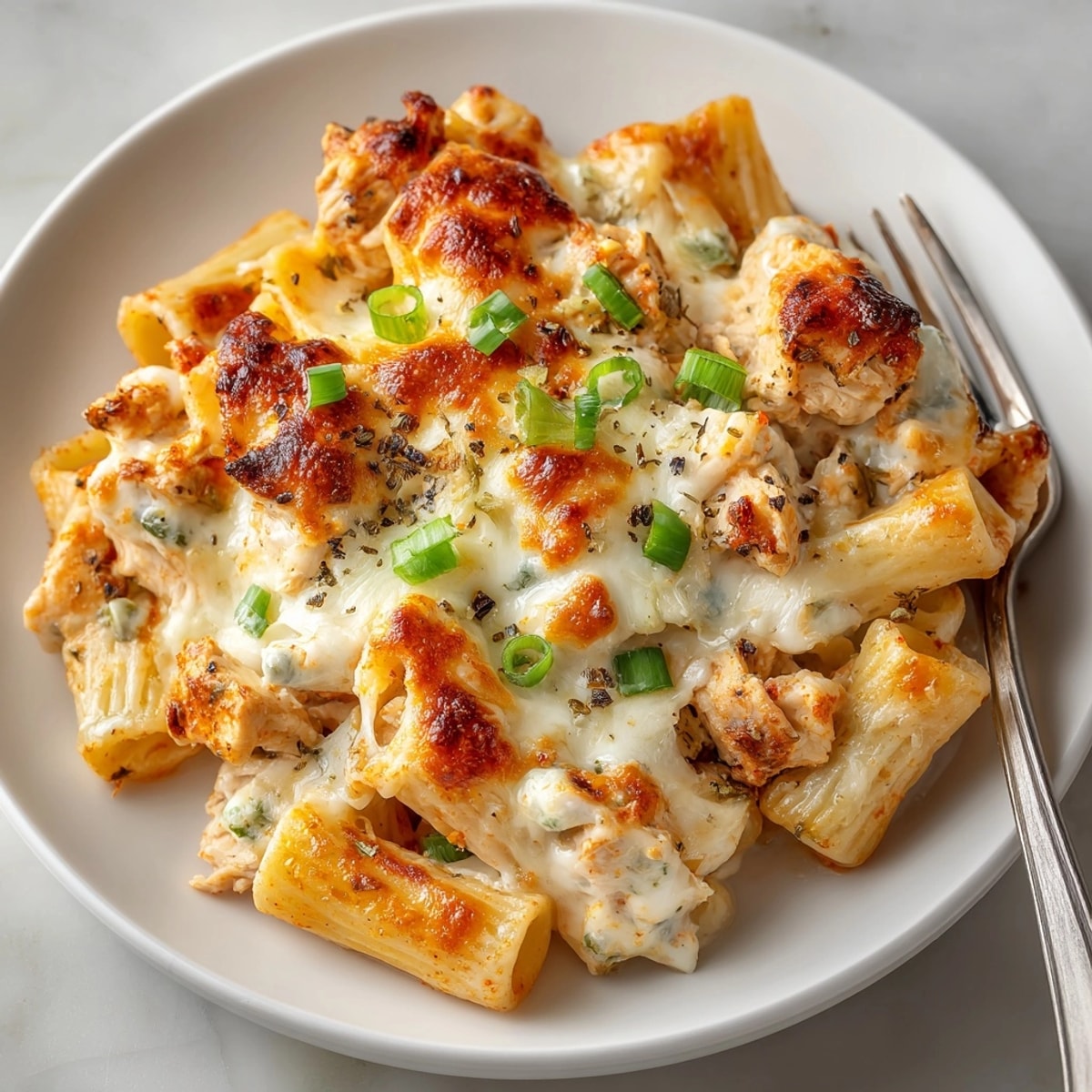 A close-up of the delicious Buffalo Chicken Pasta Bake, perfect for a flavorful weeknight dinner.