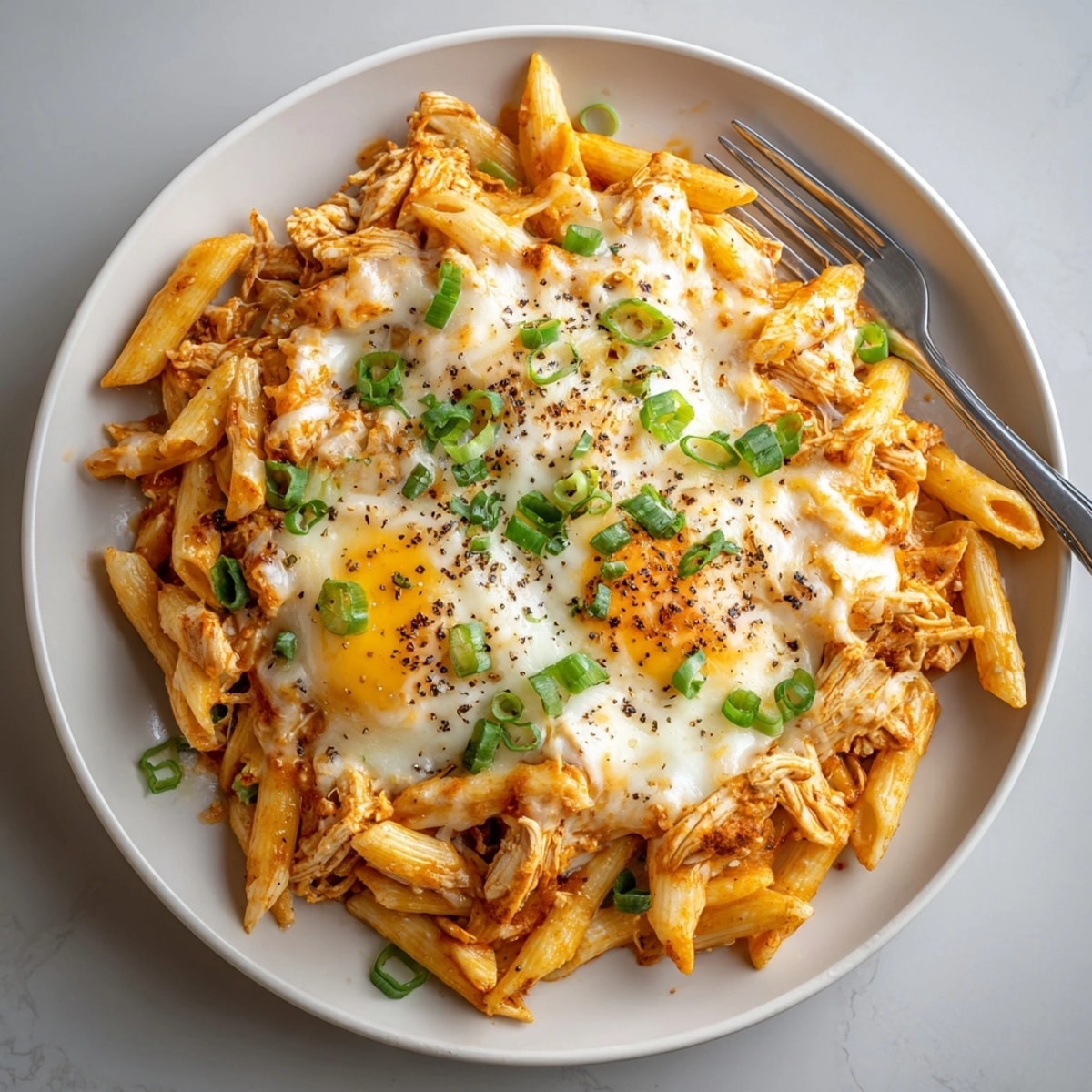 Cheesy, spicy Buffalo Chicken Pasta Bake, served with fresh green onions, ready to enjoy now!