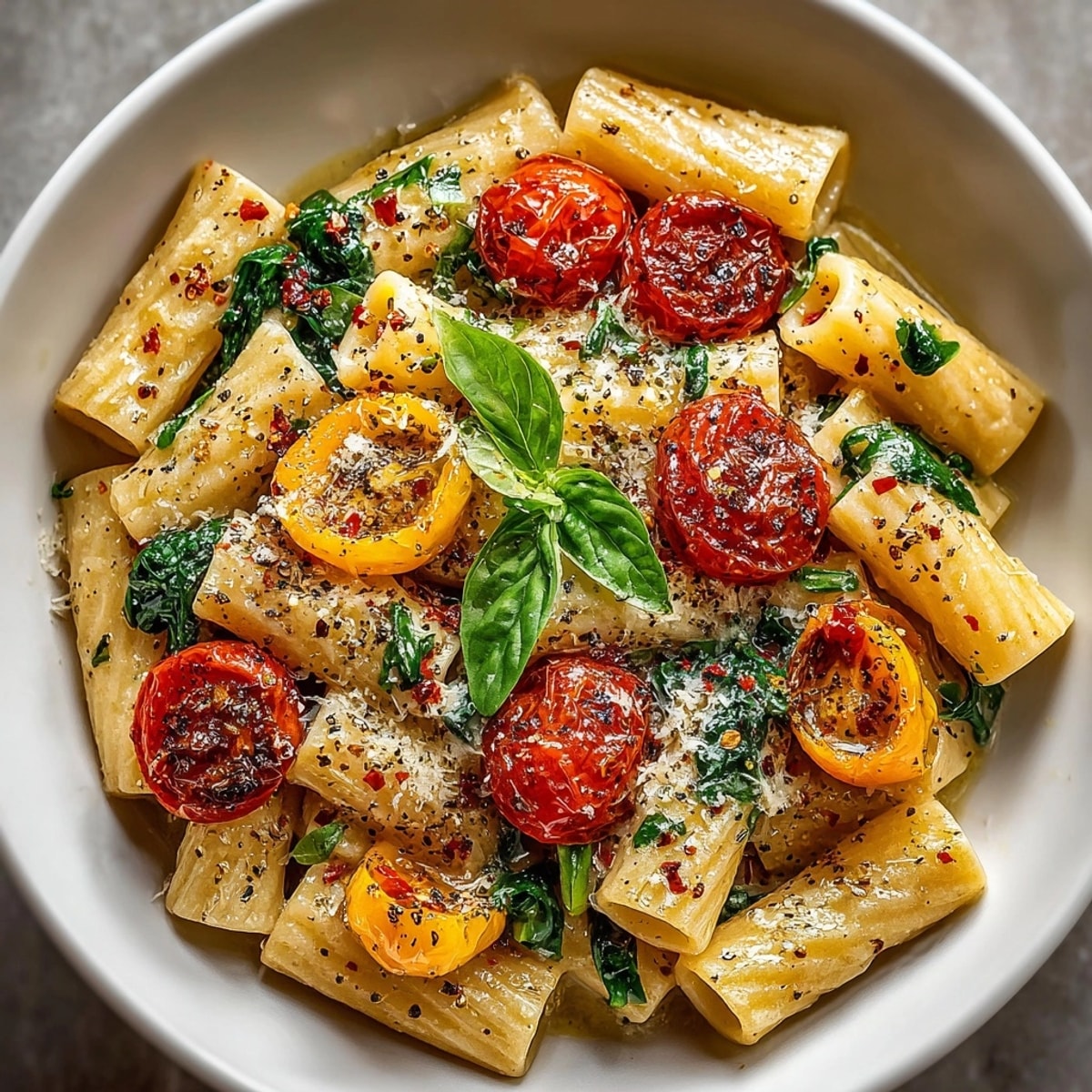 Creamy one-pot pasta with cherry tomato burst, ready and garnished with fresh basil, looks delicious.